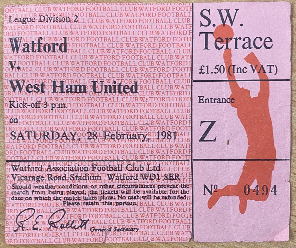 1980/81 ORIGINAL DIVISION TWO TICKET WATFORD V WEST HAM UNITED