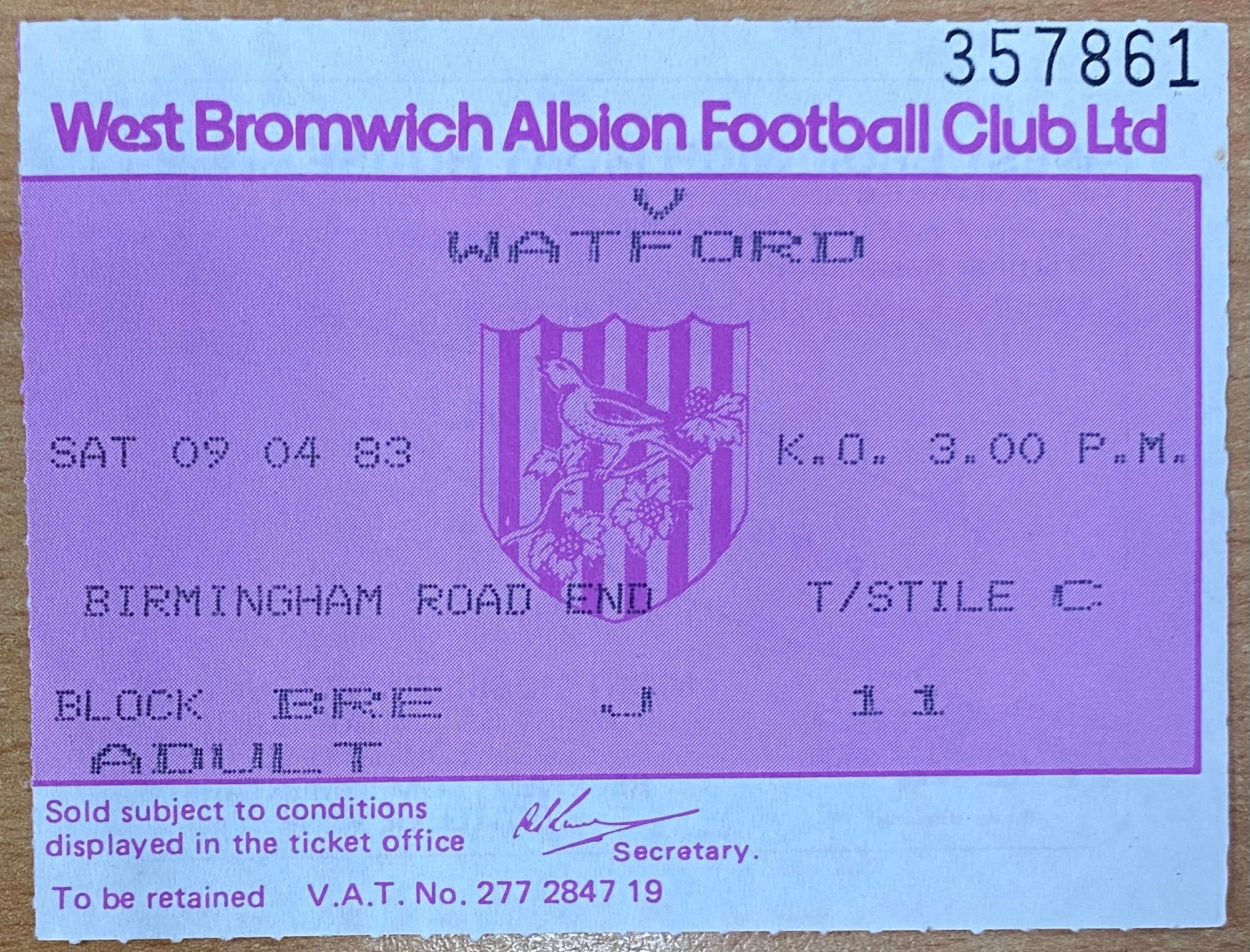 1982/83 ORIGINAL DIVISION 1 TICKET WEST BROMWICH ALBION V WATFORD