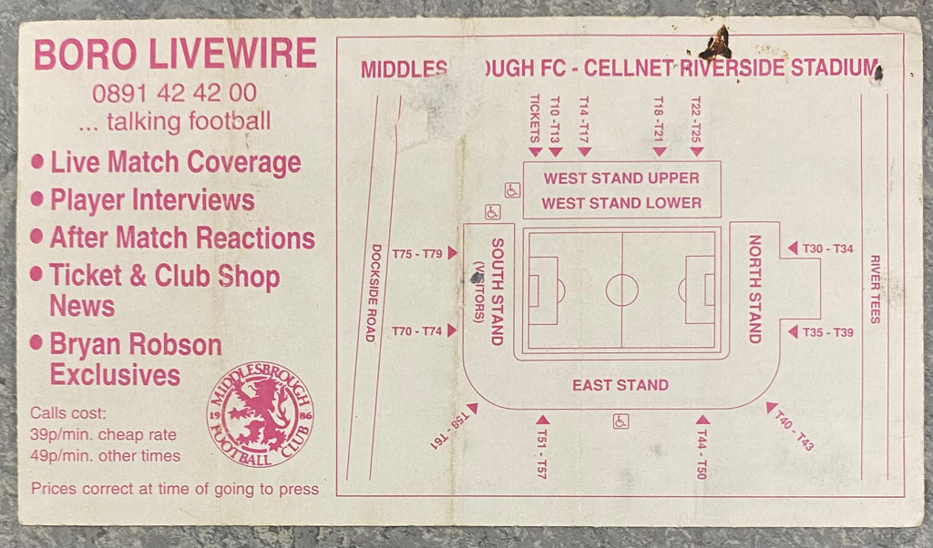 1995/96 ORIGINAL PREMIER LEAGUE TICKET MIDDLESBROUGH V NEWCASTLE UNITED