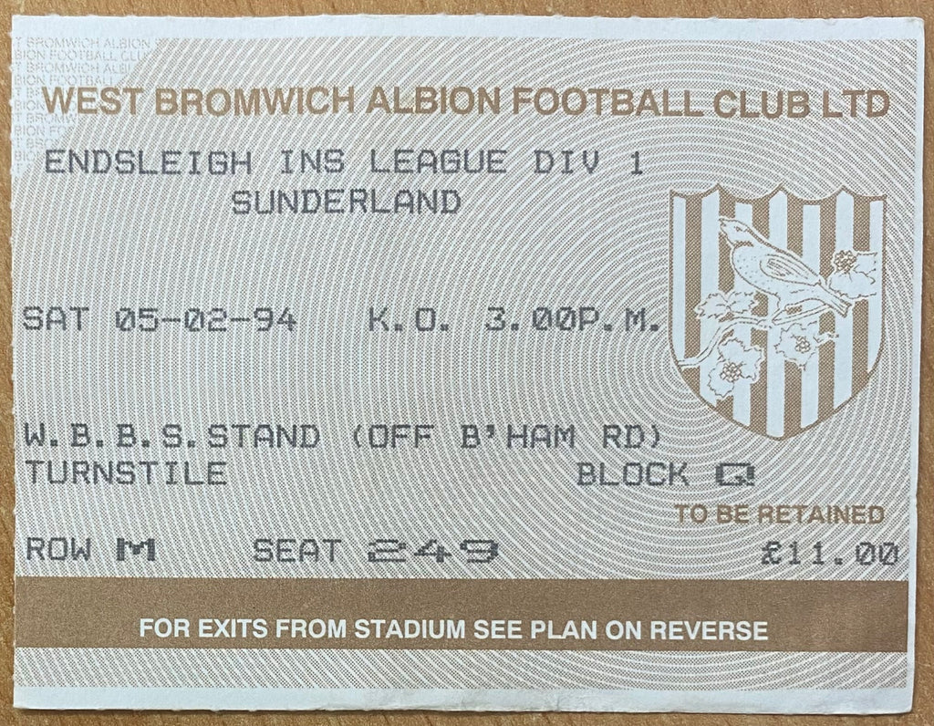 1993/94 ORIGINAL DIVISION 1 TICKET WEST BROMWICH ALBION  V SUNDERLAND