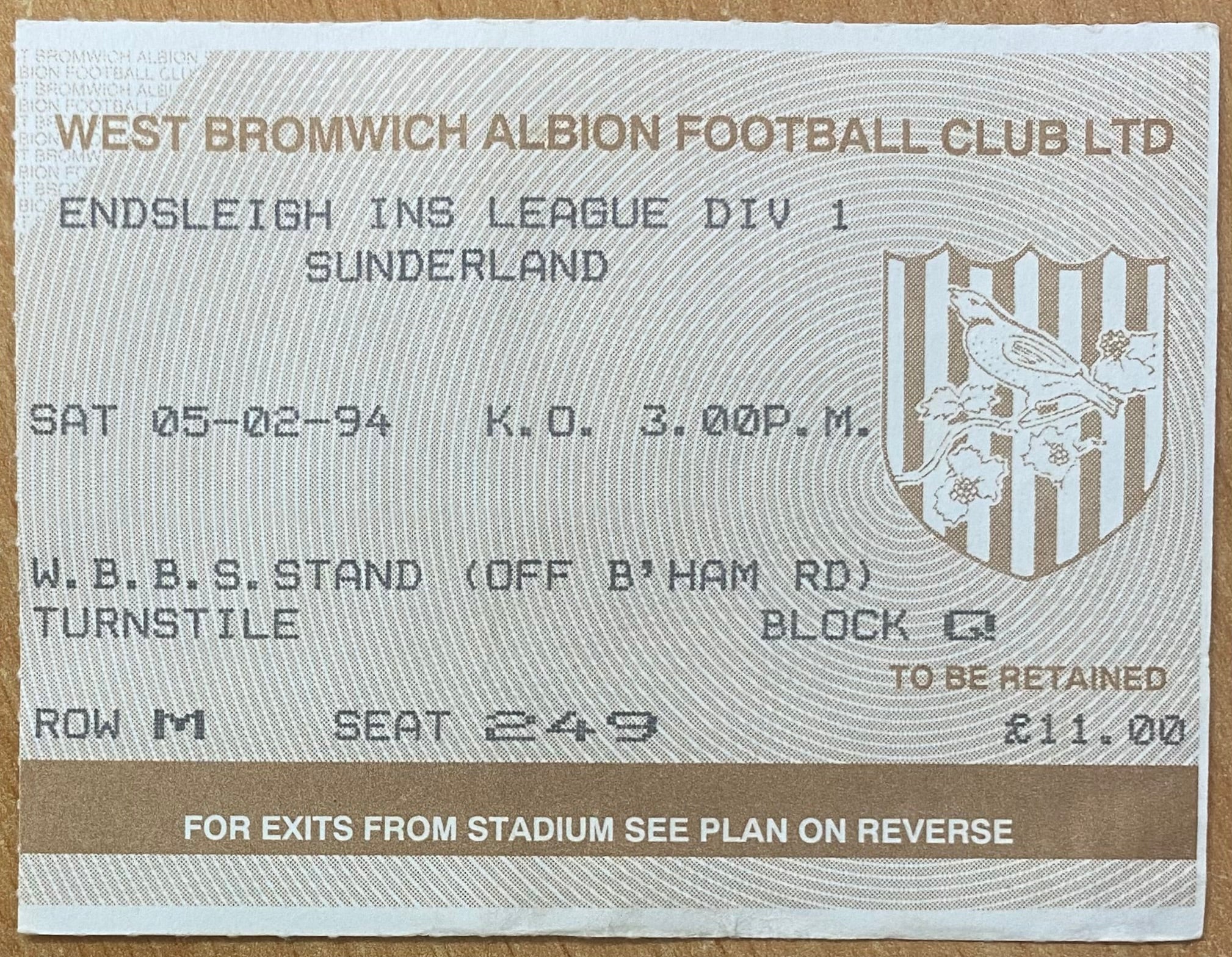 1993/94 ORIGINAL DIVISION 1 TICKET WEST BROMWICH ALBION  V SUNDERLAND