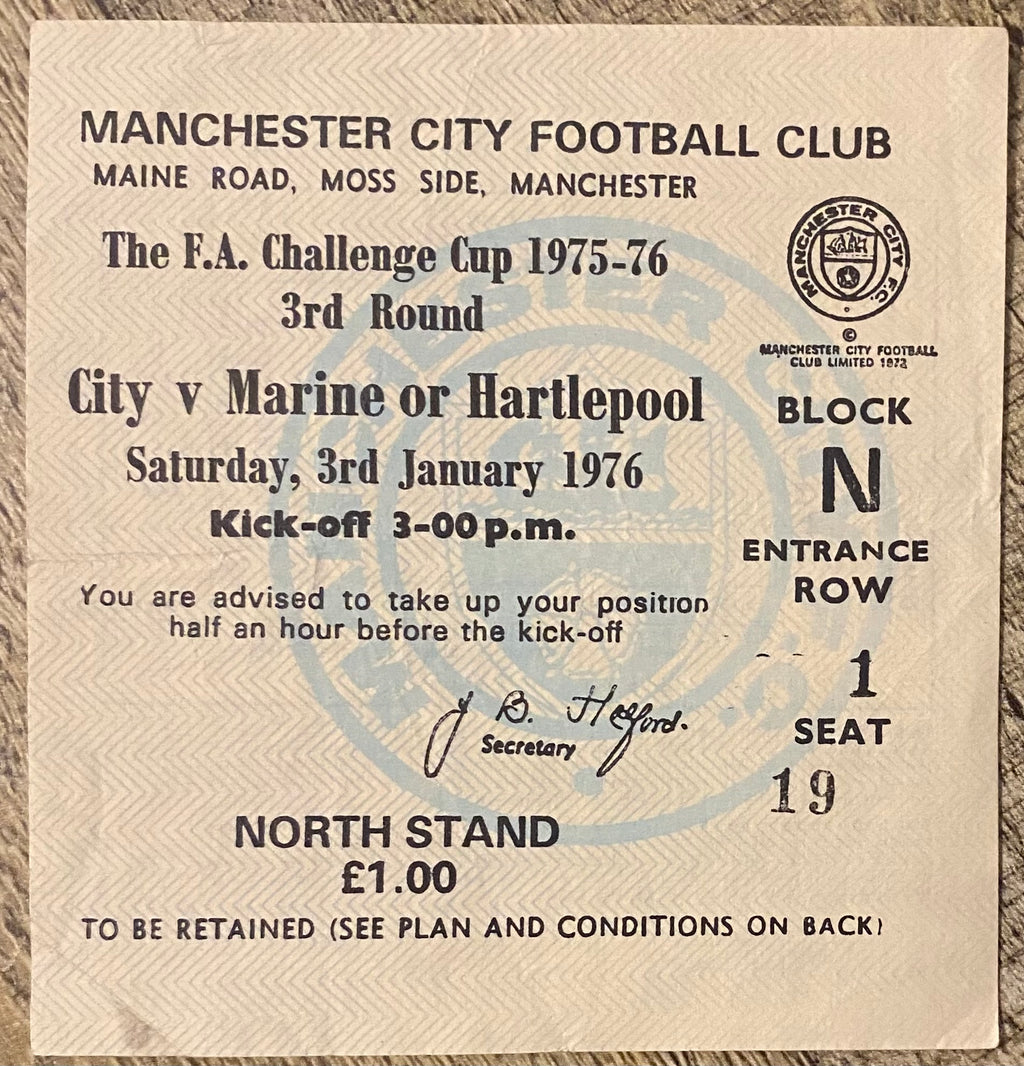 1975/76 ORIGINAL FA CUP 3RD ROUND TICKET MANCHESTER CITY V HARTLEPOOL UNITED