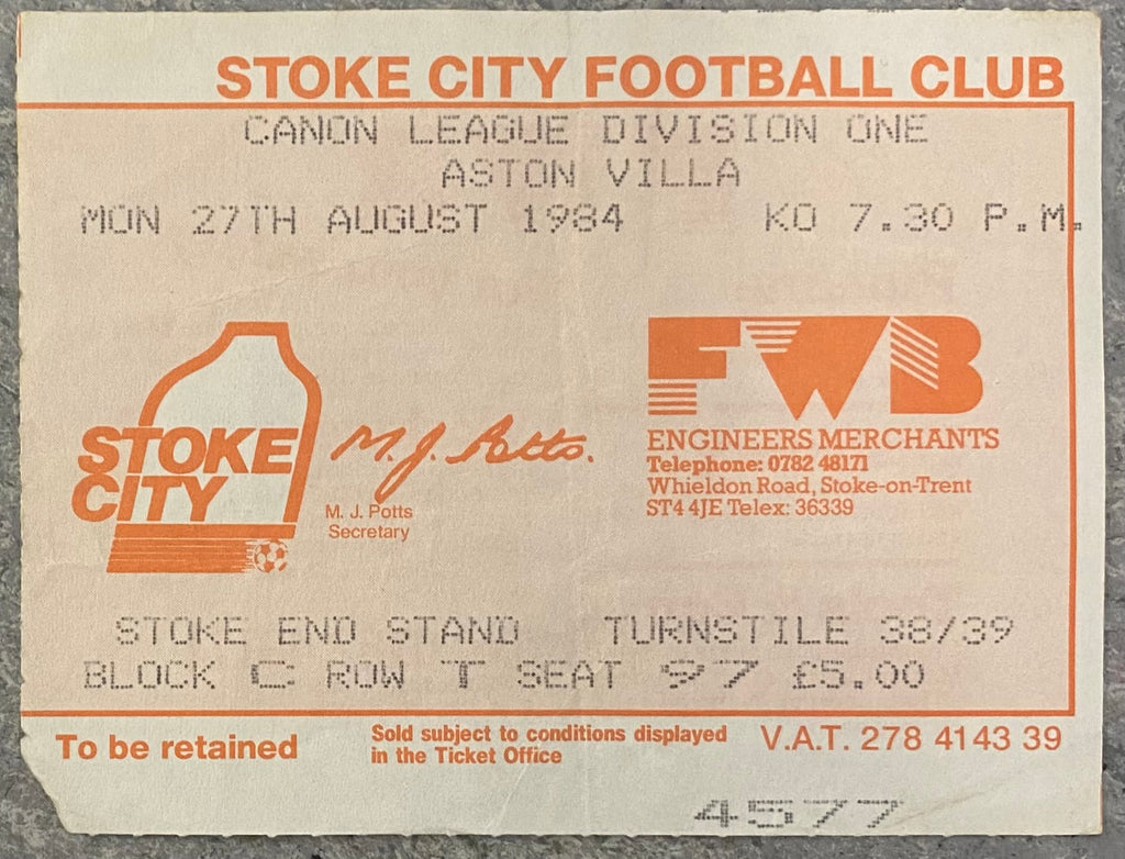1984/85 ORIGINAL DIVISION 1 TICKET STOKE CITY V ASTON VILLA