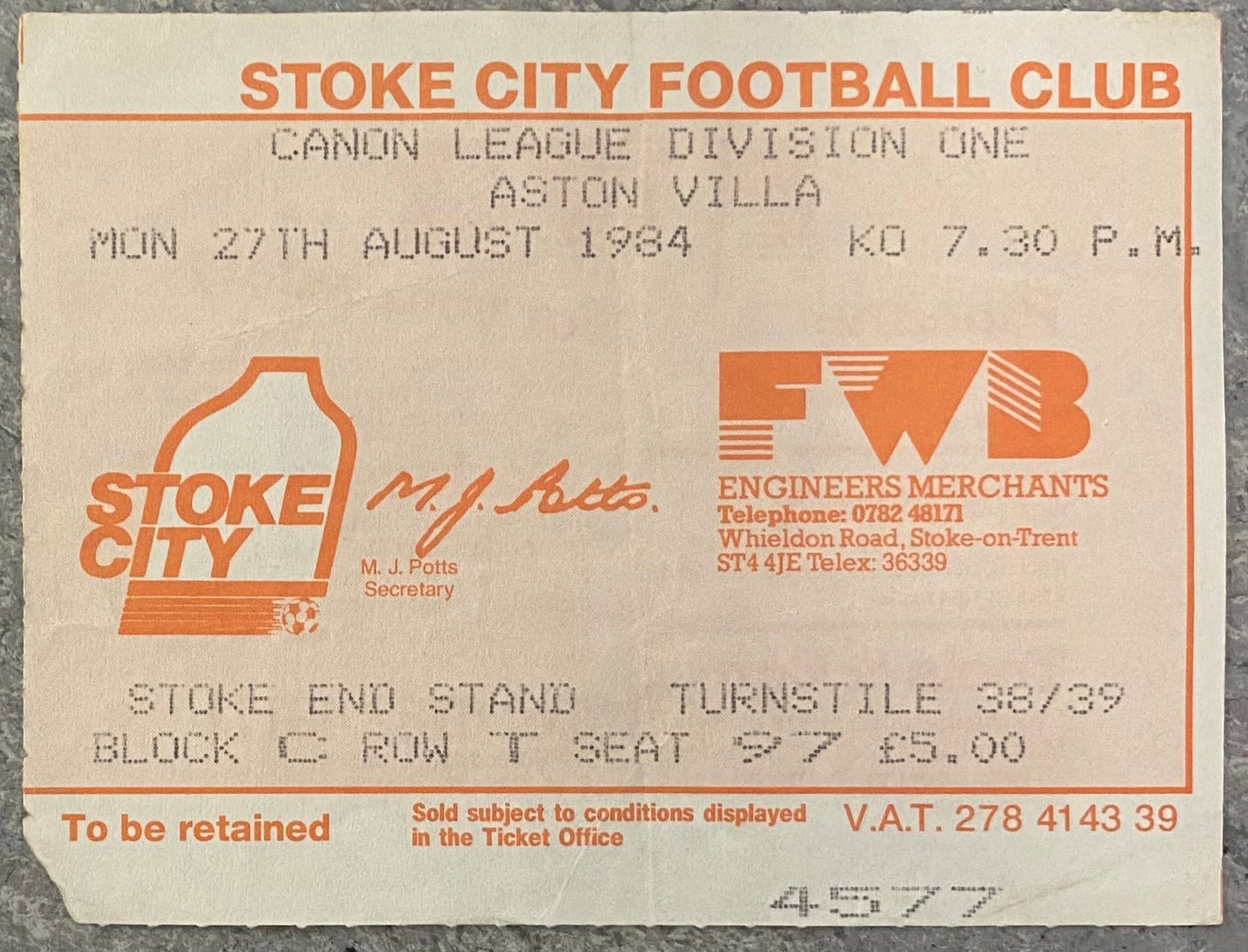 1984/85 ORIGINAL DIVISION 1 TICKET STOKE CITY V ASTON VILLA