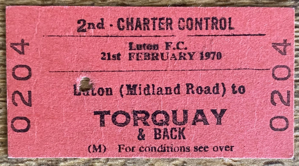 1970 ORIGINAL FOOTBALL SPECIAL BRITISH RAIL TRAIN TICKET LUTON TOWN TRAVELLING TO TORQUAY UNITED