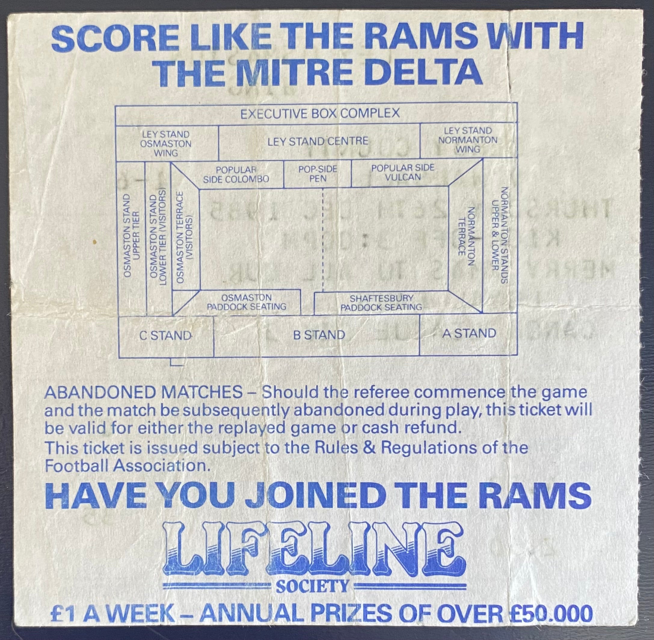 1985/86 ORIGINAL DIVISION 3 TICKET DERBY COUNTY V WALSALL