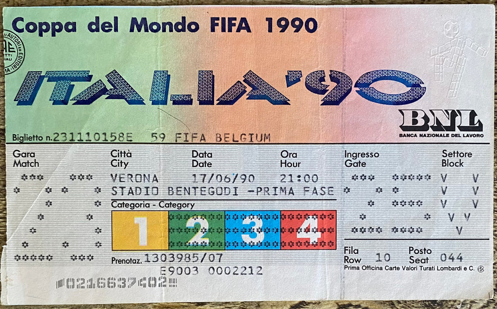 1990 ORIGINAL WORLD CUP 1ST ROUND TICKET BELGIUM V URUGUAY @ VERONA