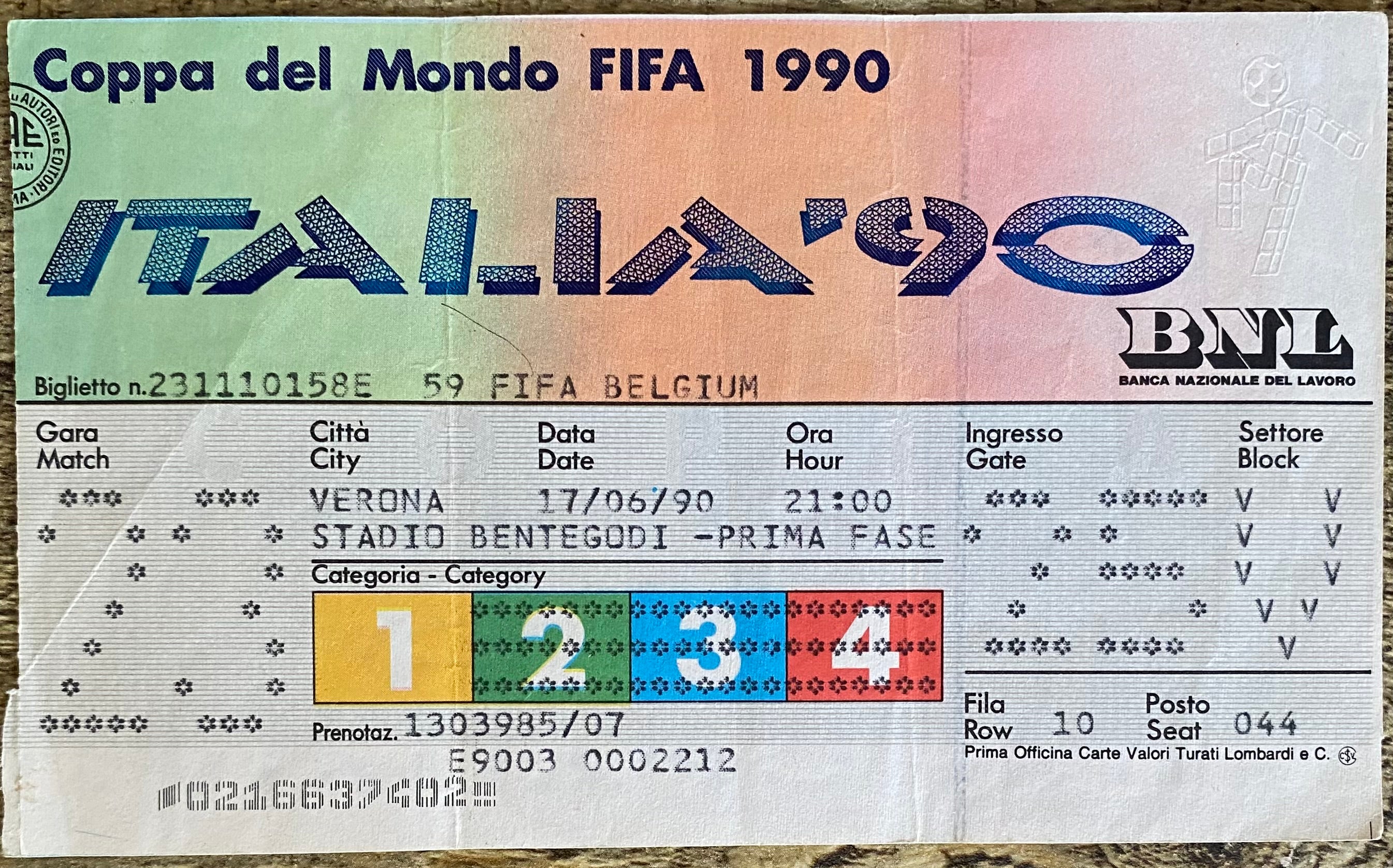 1990 ORIGINAL WORLD CUP 1ST ROUND TICKET BELGIUM V URUGUAY @ VERONA