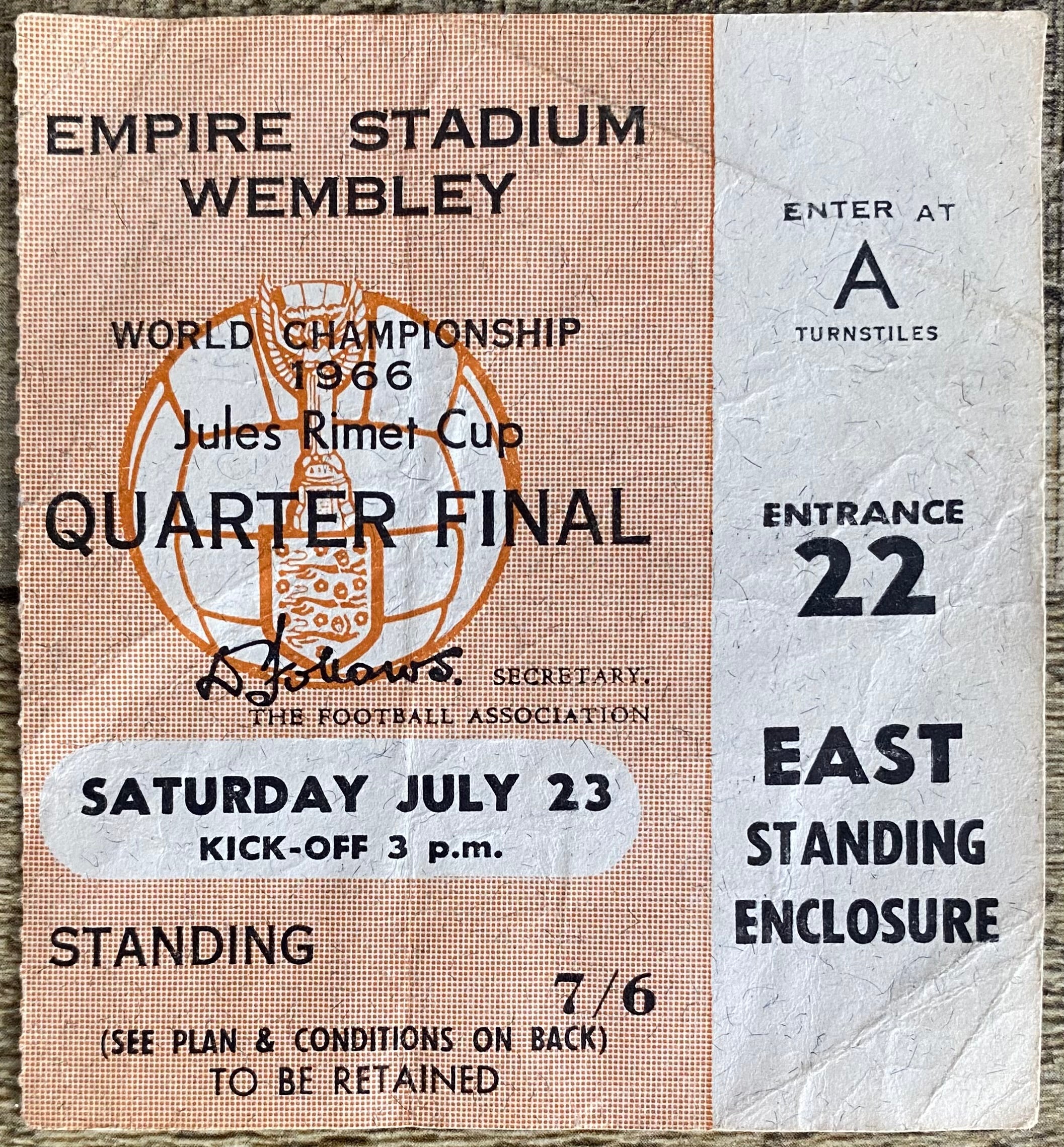 1966 ORIGINAL WORLD CUP QUARTER FINAL TICKET ENGLAND V ARGENTINA @ WEMBLEY