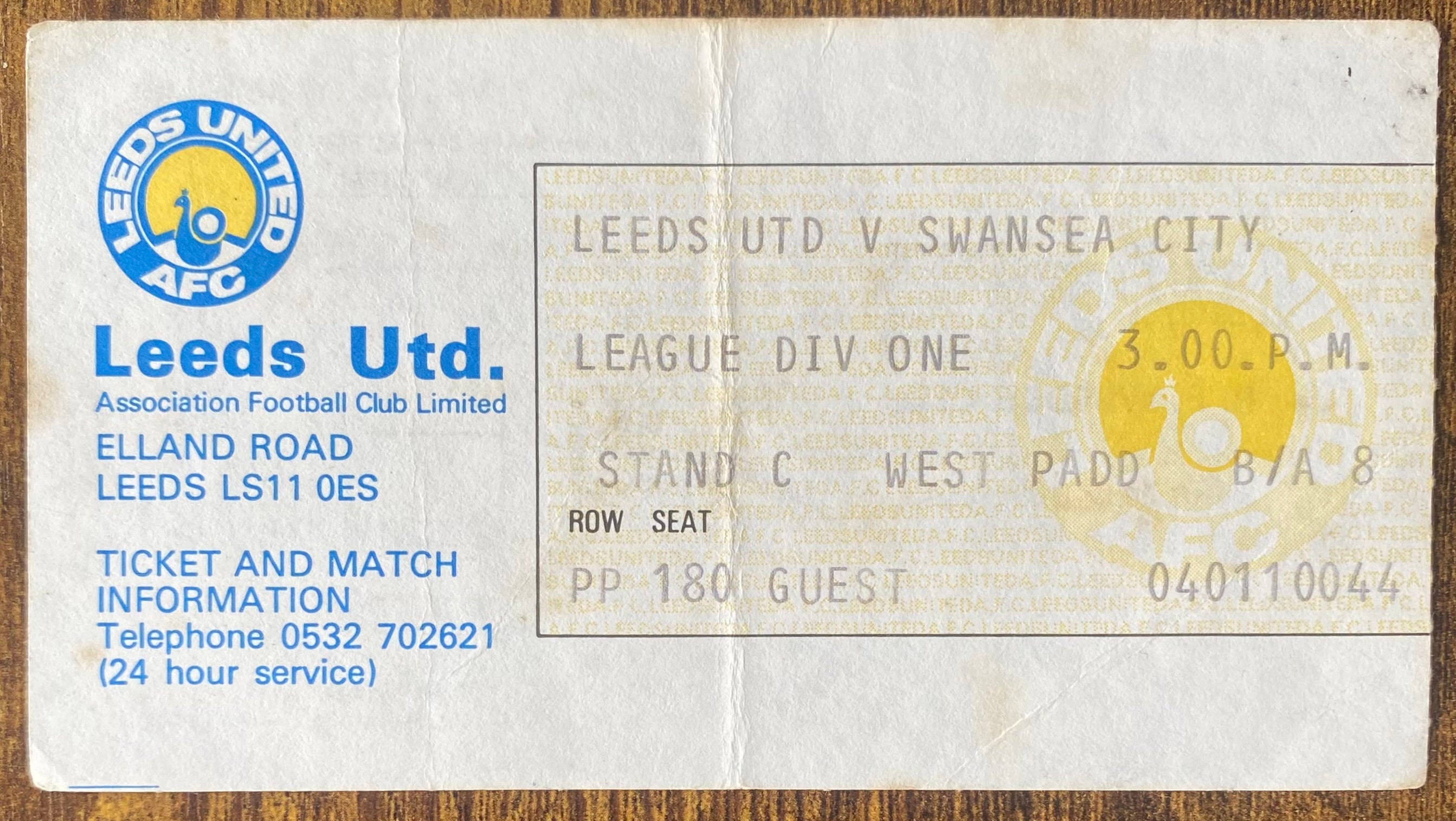 1981/82 ORIGINAL DIVISION ONE TICKET LEEDS UNITED V SWANSEA CITY