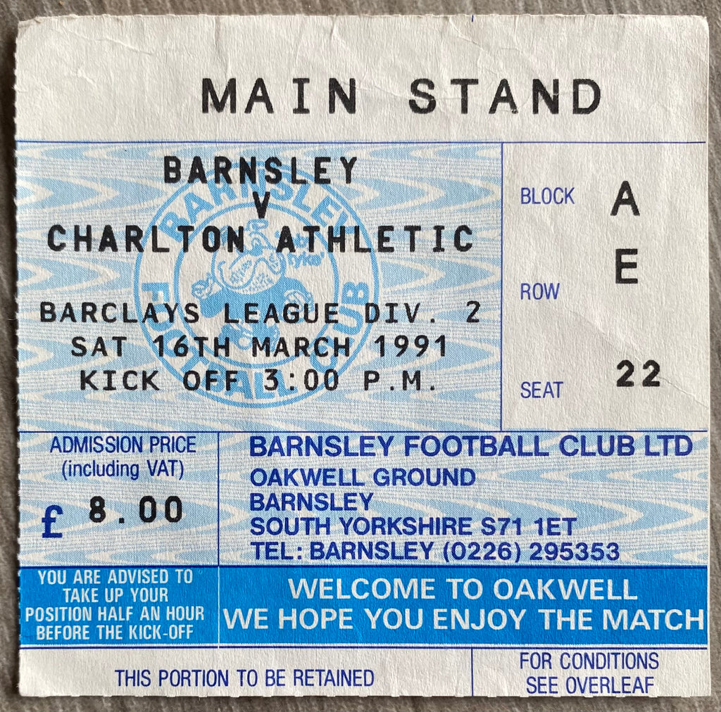 1990/91 ORIGINAL DIVISION 2 TICKET BARNSLEY V CHARLTON ATHLETIC