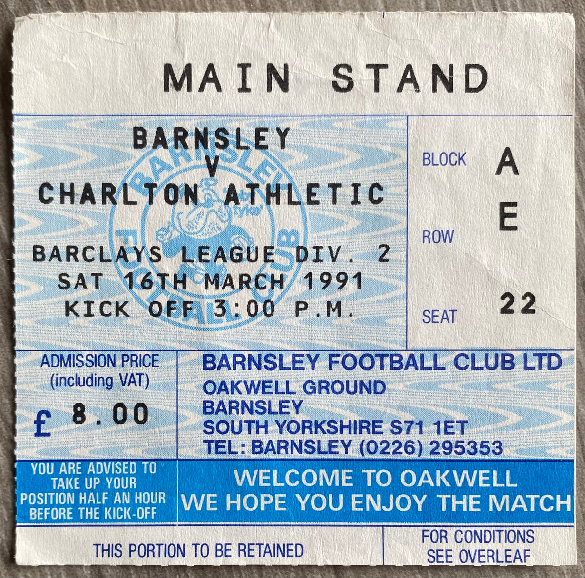1990/91 ORIGINAL DIVISION 2 TICKET BARNSLEY V CHARLTON ATHLETIC