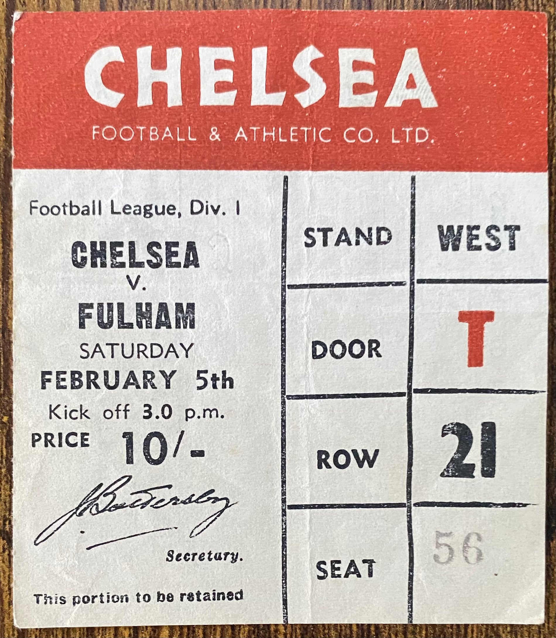 1965/66 ORIGINAL  DIVISION 1 TICKET CHELSEA V FULHAM