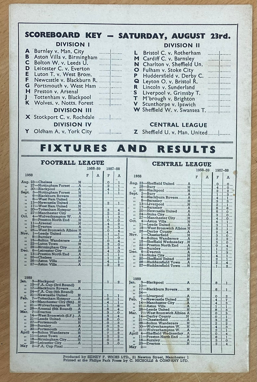 1958/59 ORIGINAL DIVISION ONE PROGRAMME MANCHESTER UNITED V CHELSEA (WITH TOKEN SHEET)