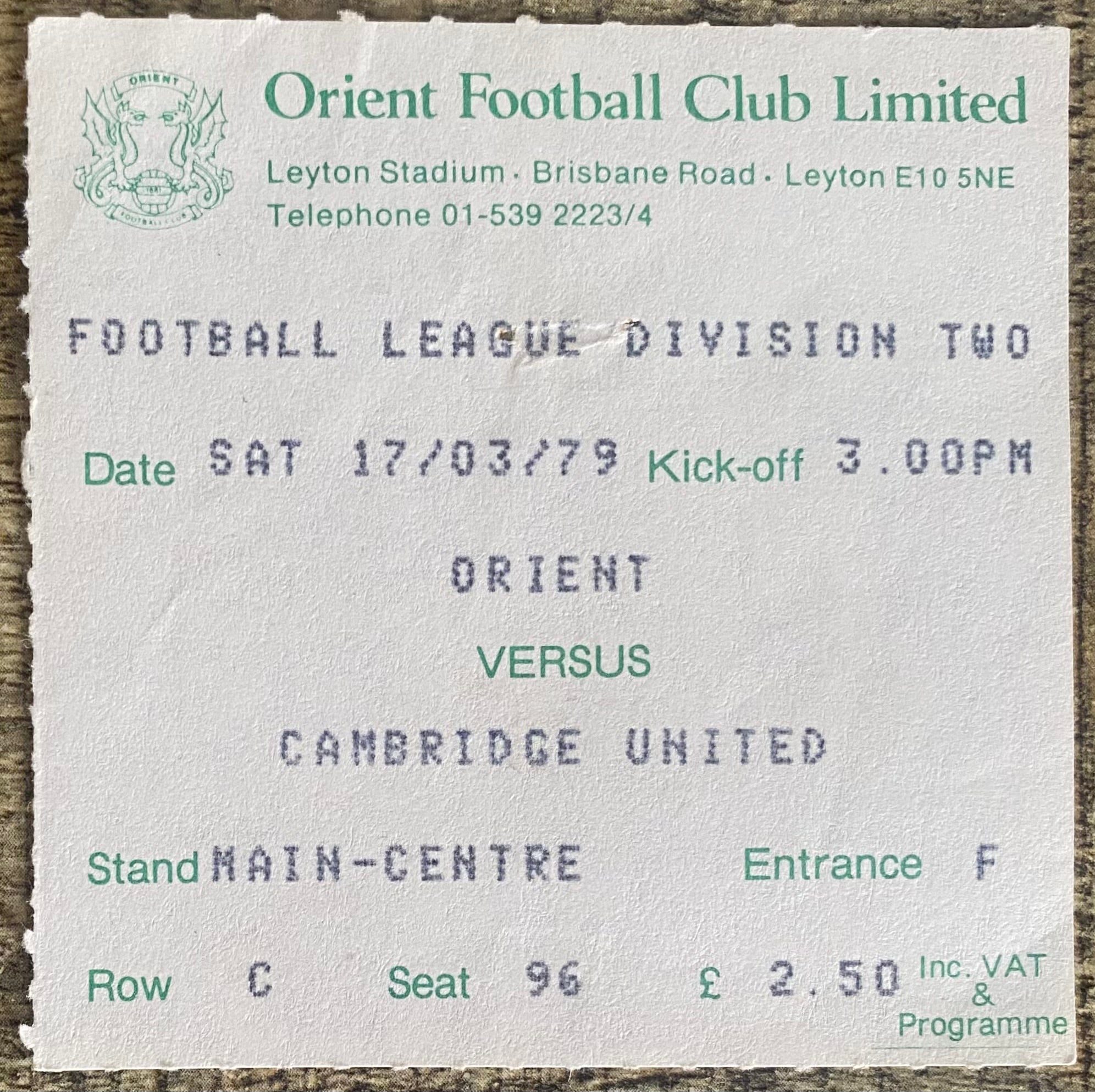 1978/79 ORIGINAL DIVISION 2 TICKET ORIENT V CAMBRIDGE UNITED
