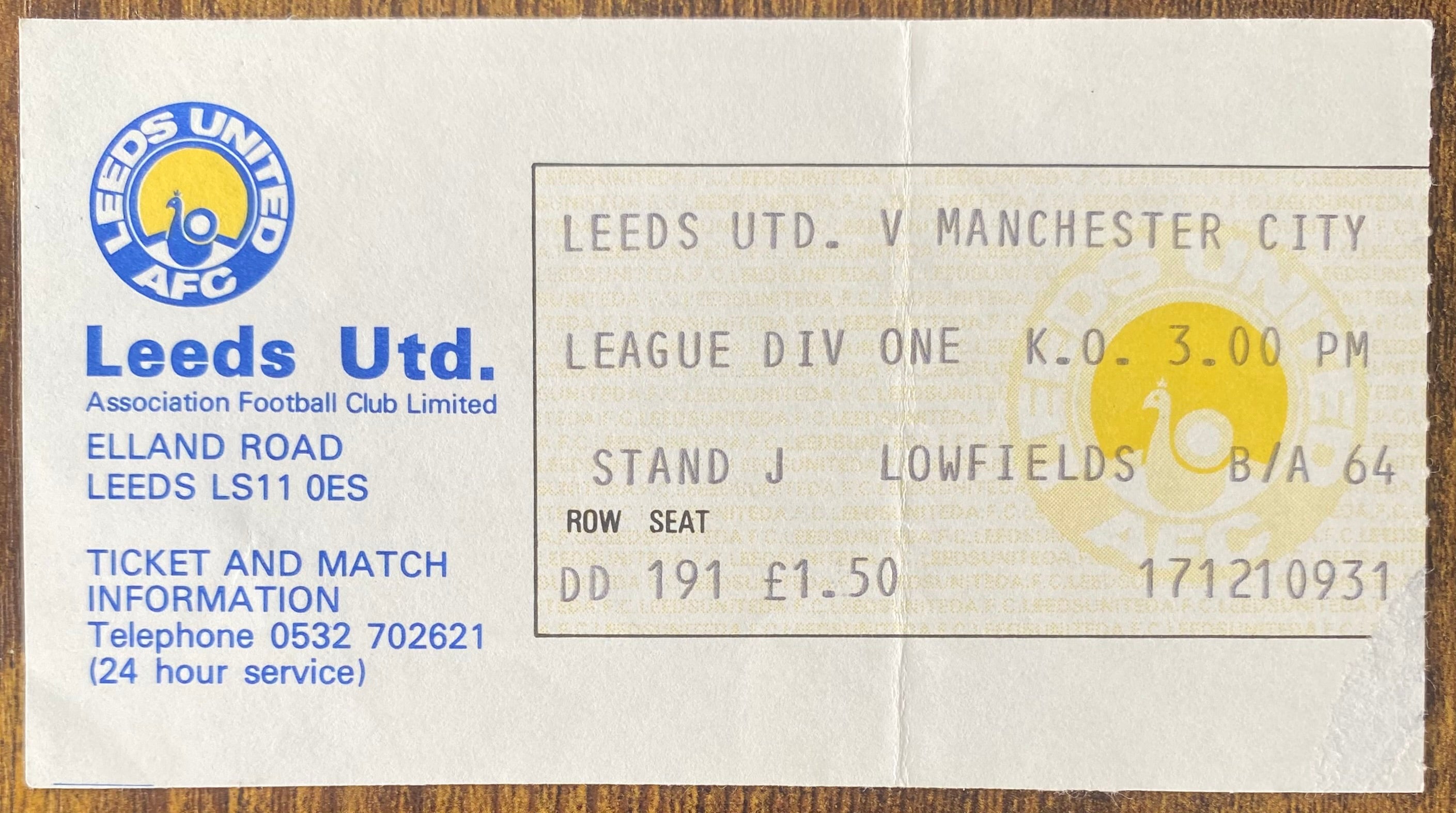 1977/78 ORIGINAL DIVISION ONE TICKET LEEDS UNITED V MANCHESTER CITY