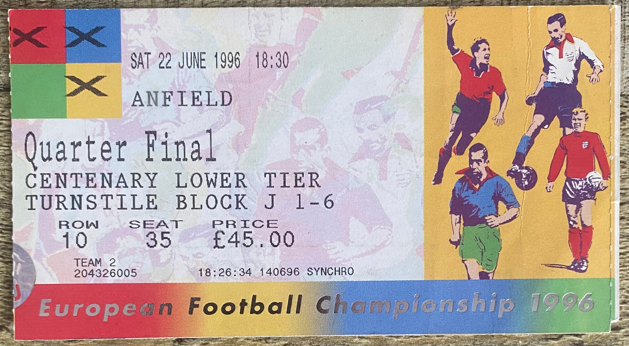 1996 ORIGINAL EUROPEAN CHAMPIONSHIPS EURO 96 QUARTER FINAL TICKET FRANCE V NETHERLANDS @ ANFIELD