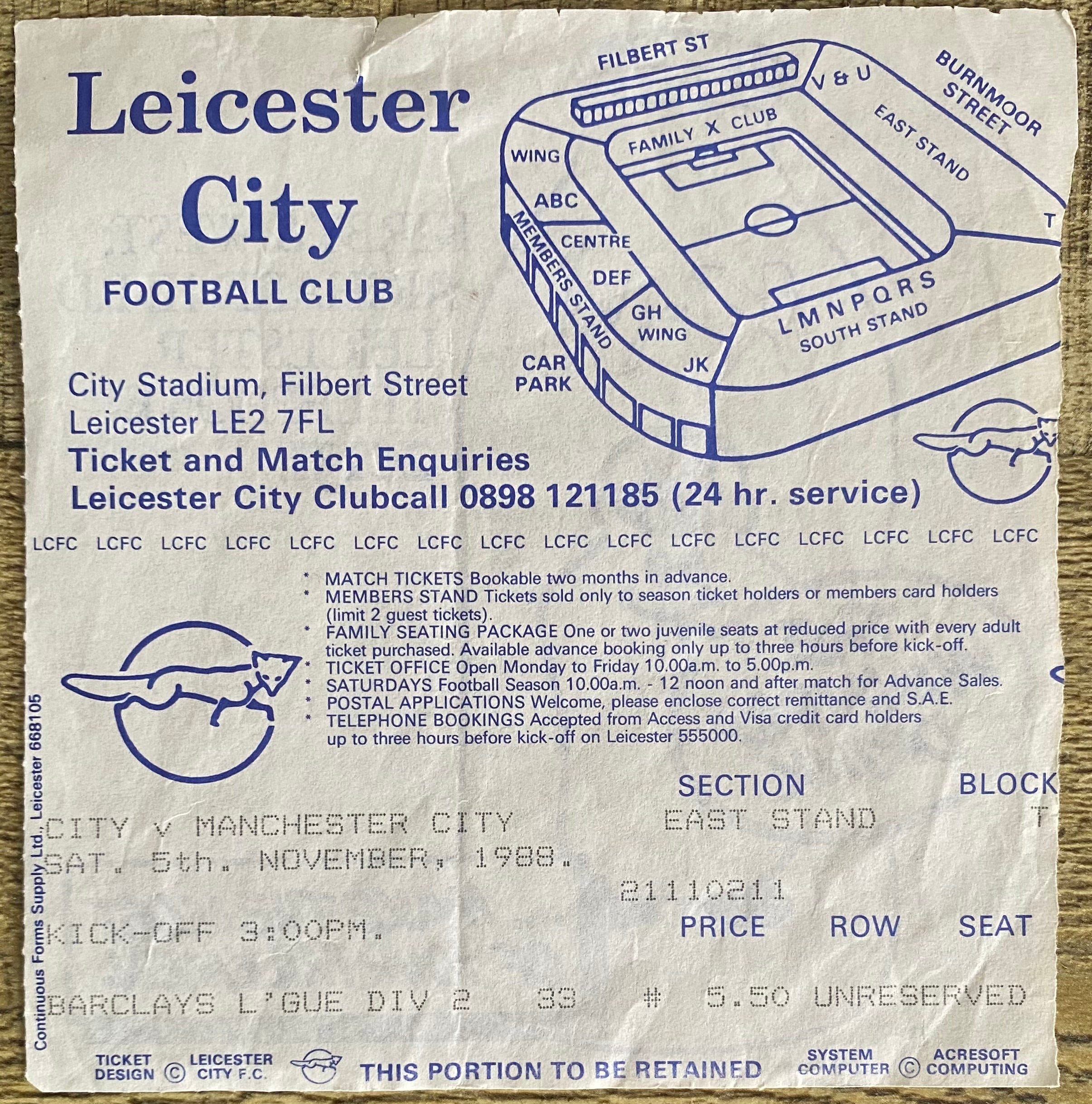 1988/89 ORIGINAL DIVISION TWO TICKET LEICESTER CITY V MANCHESTER CITY