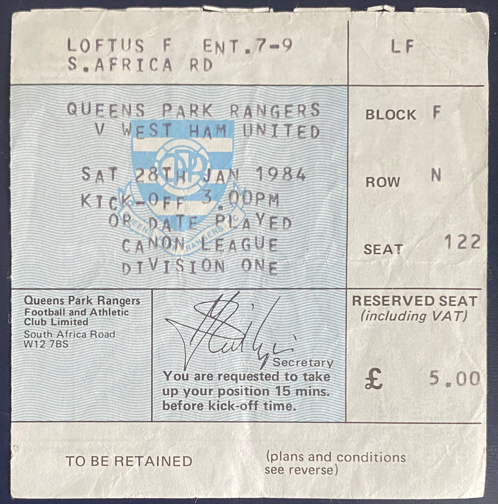 1983/84 ORIGINAL DIVISION 1 TICKET QUEENS PARK RANGERS V WEST HAM UNITED