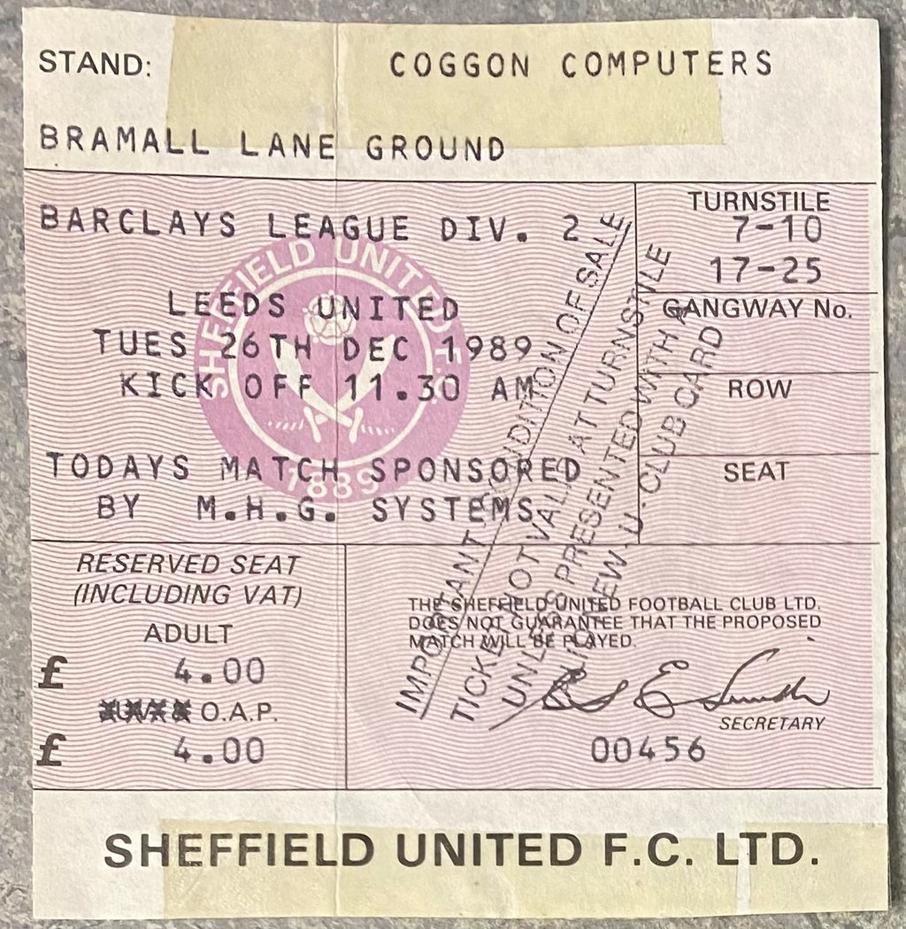 1989/90 ORIGINAL DIVISION TWO TICKET SHEFFIELD UNITED V LEEDS UNITED