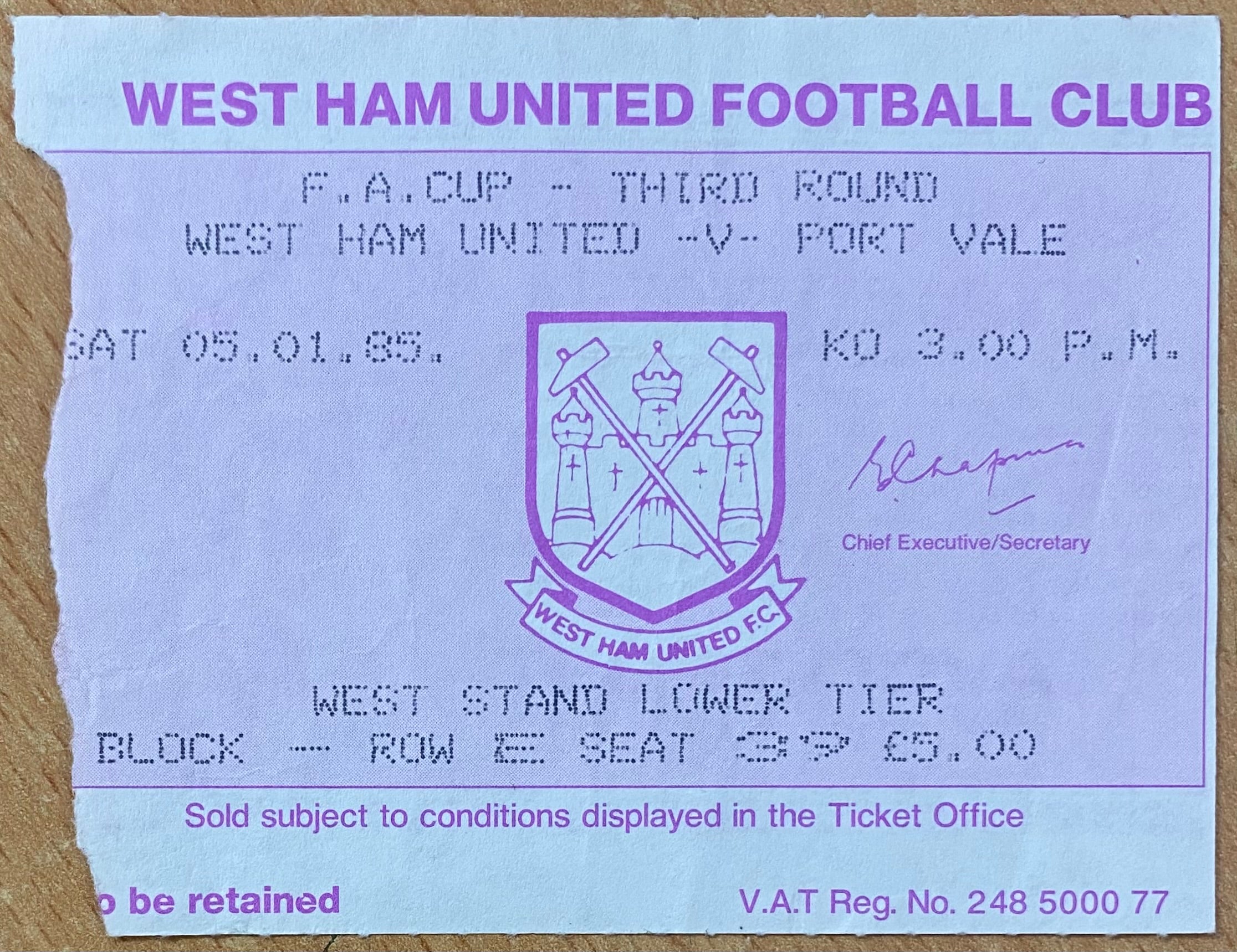 1984/85 ORIGINAL FA CUP 3RD ROUND TICKET WEST HAM UNITED V PORT VALE