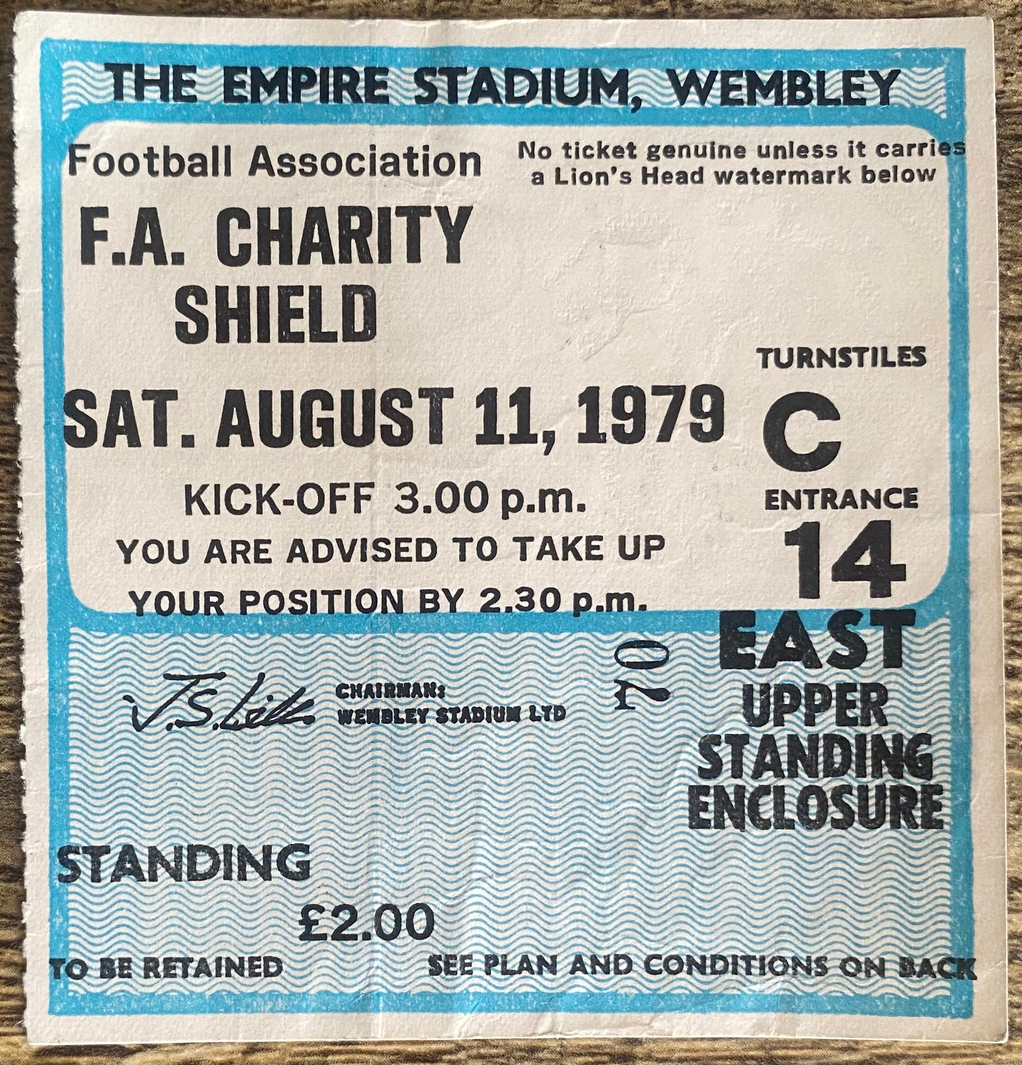 1979 ORIGINAL CHARITY SHIELD TICKET LIVERPOOL V ARSENAL
