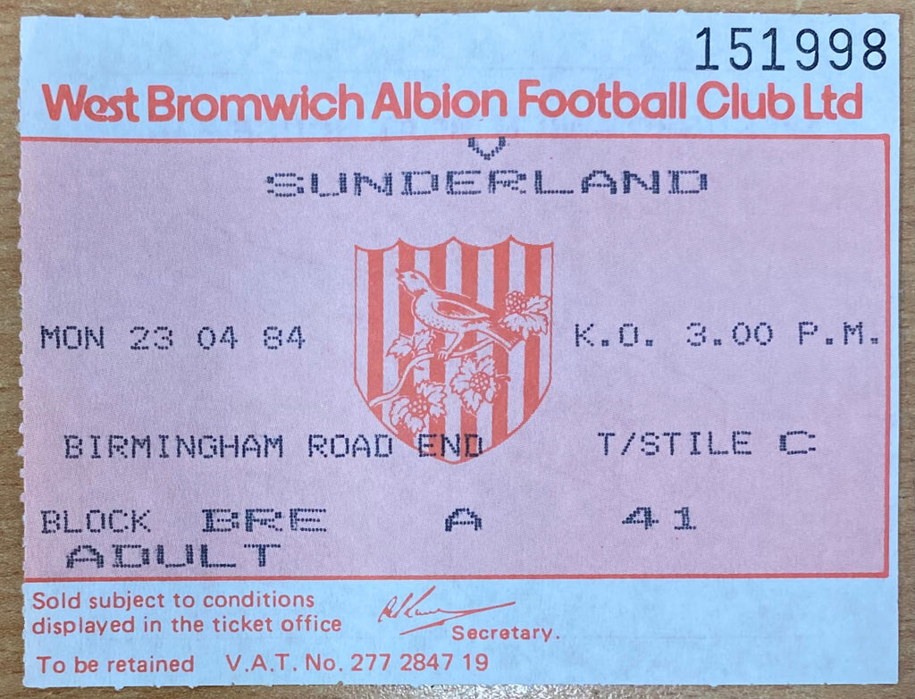 1983/84 ORIGINAL DIVISION 1 TICKET WEST BROMWICH ALBION V SUNDERLAND
