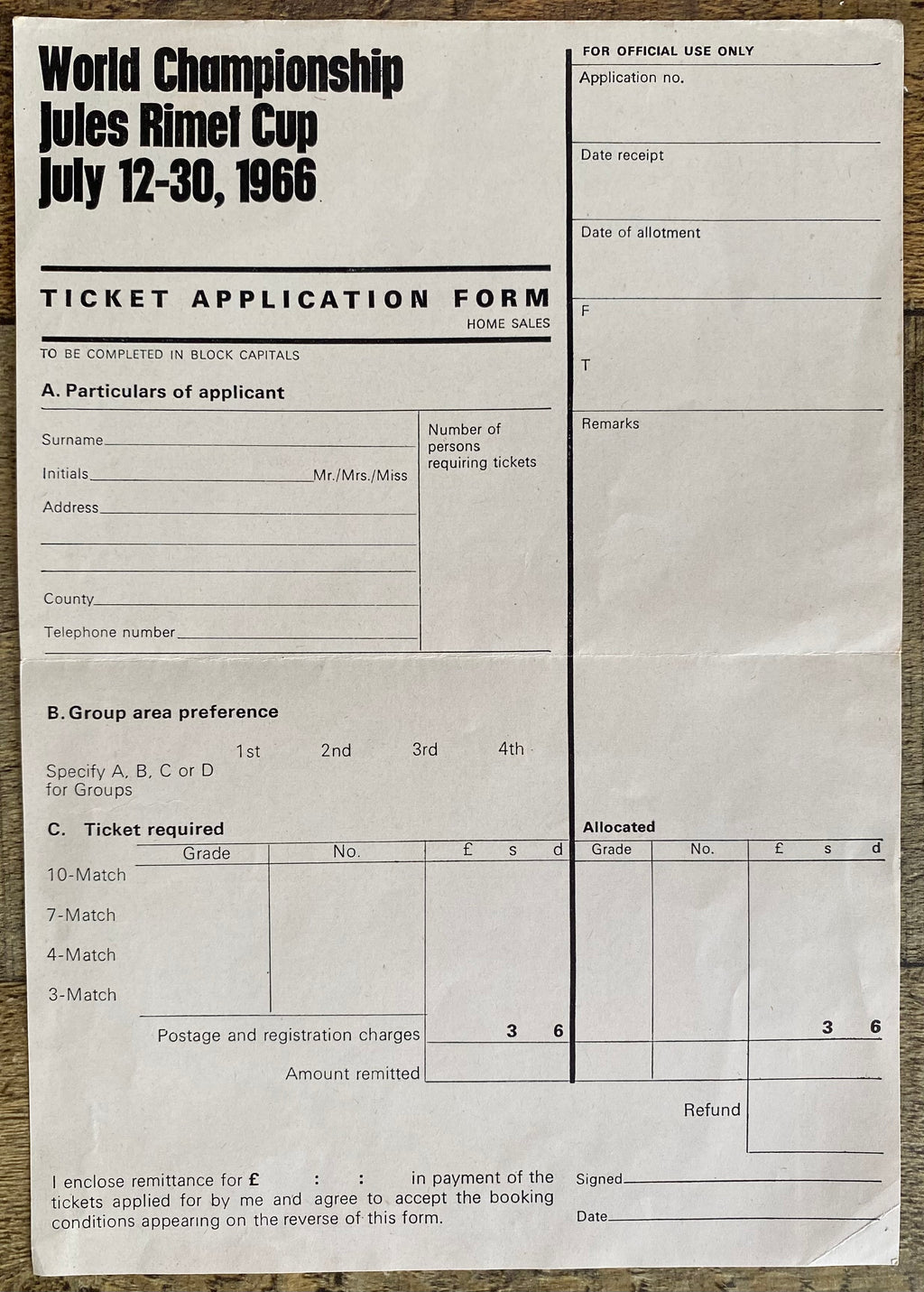 1966 WORLD CUP ORIGINAL OFFICIAL TICKET APPLICATION FORM