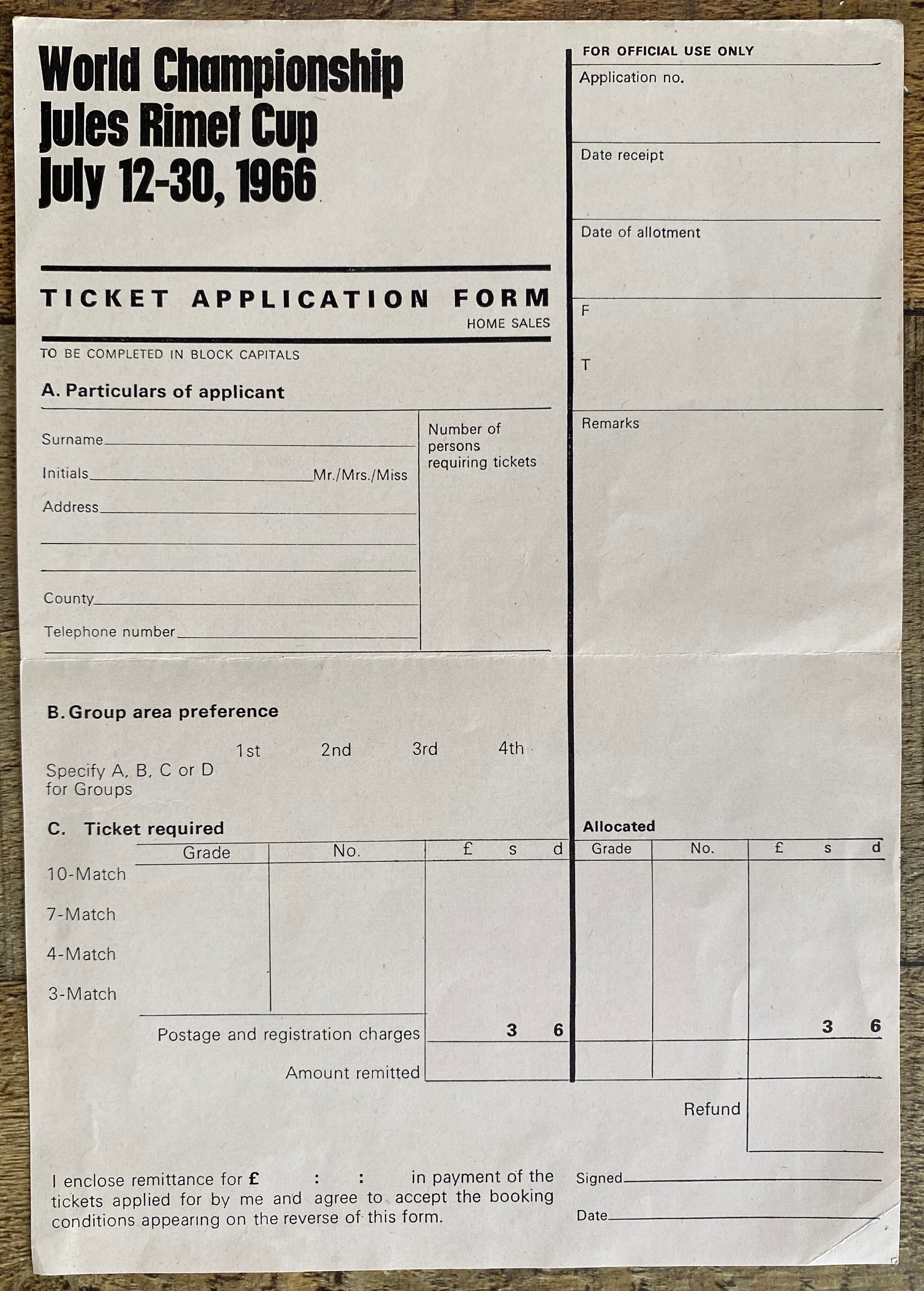 1966 WORLD CUP ORIGINAL OFFICIAL TICKET APPLICATION FORM