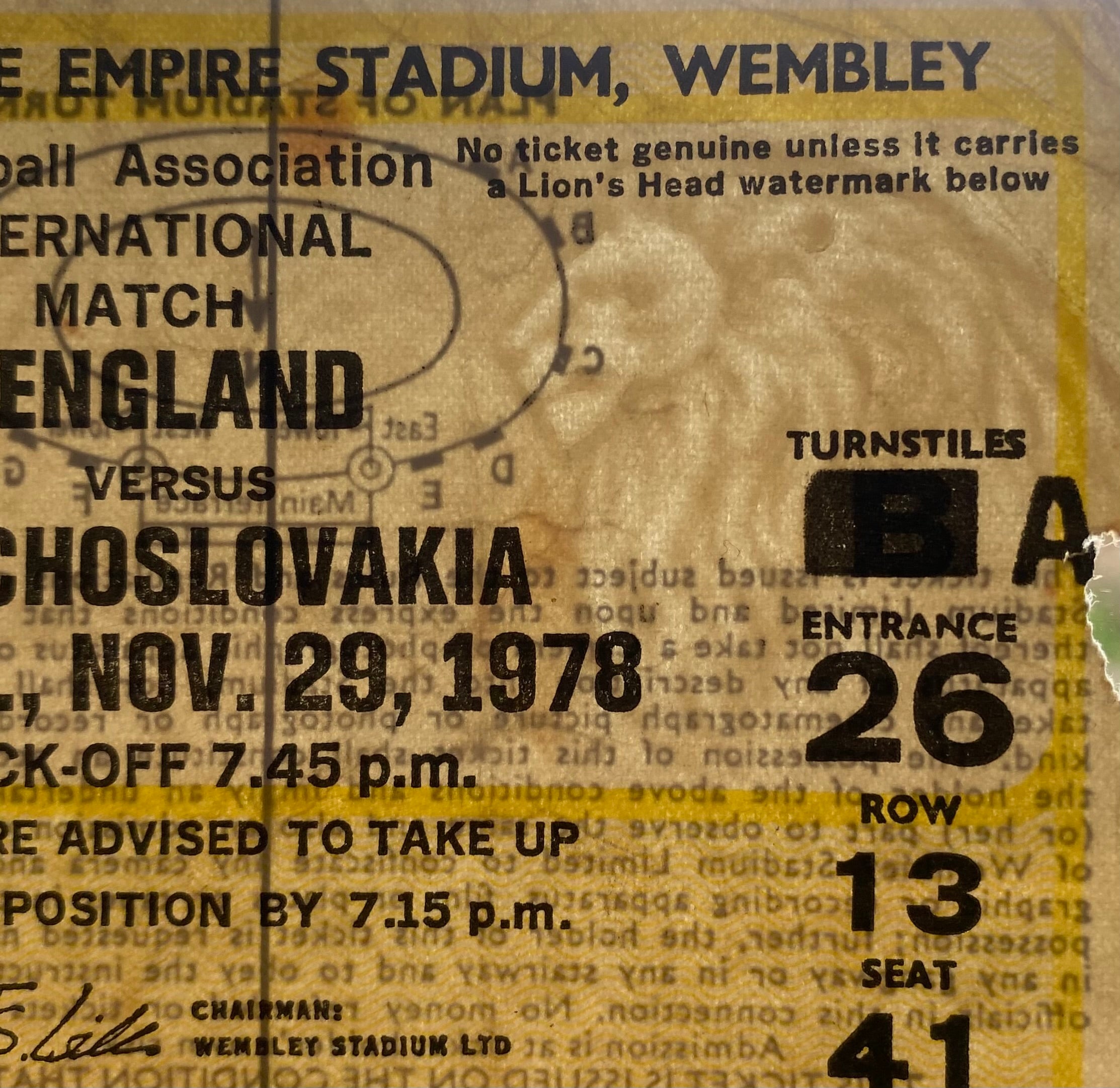 1978 ORIGINAL INTERNATIONAL TICKET ENGLAND V CZECHOSLOVAKIA