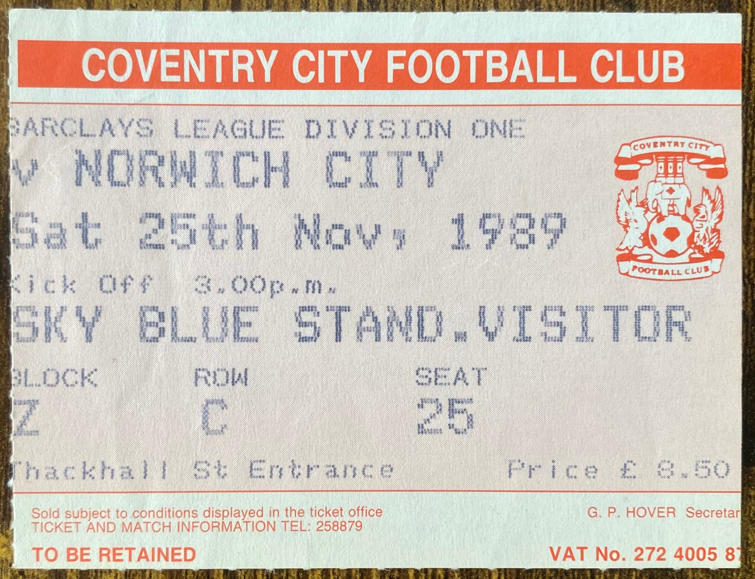 1989/90 ORIGINAL DIVISION 1 TICKET COVENTRY CITY V NORWICH CITY
