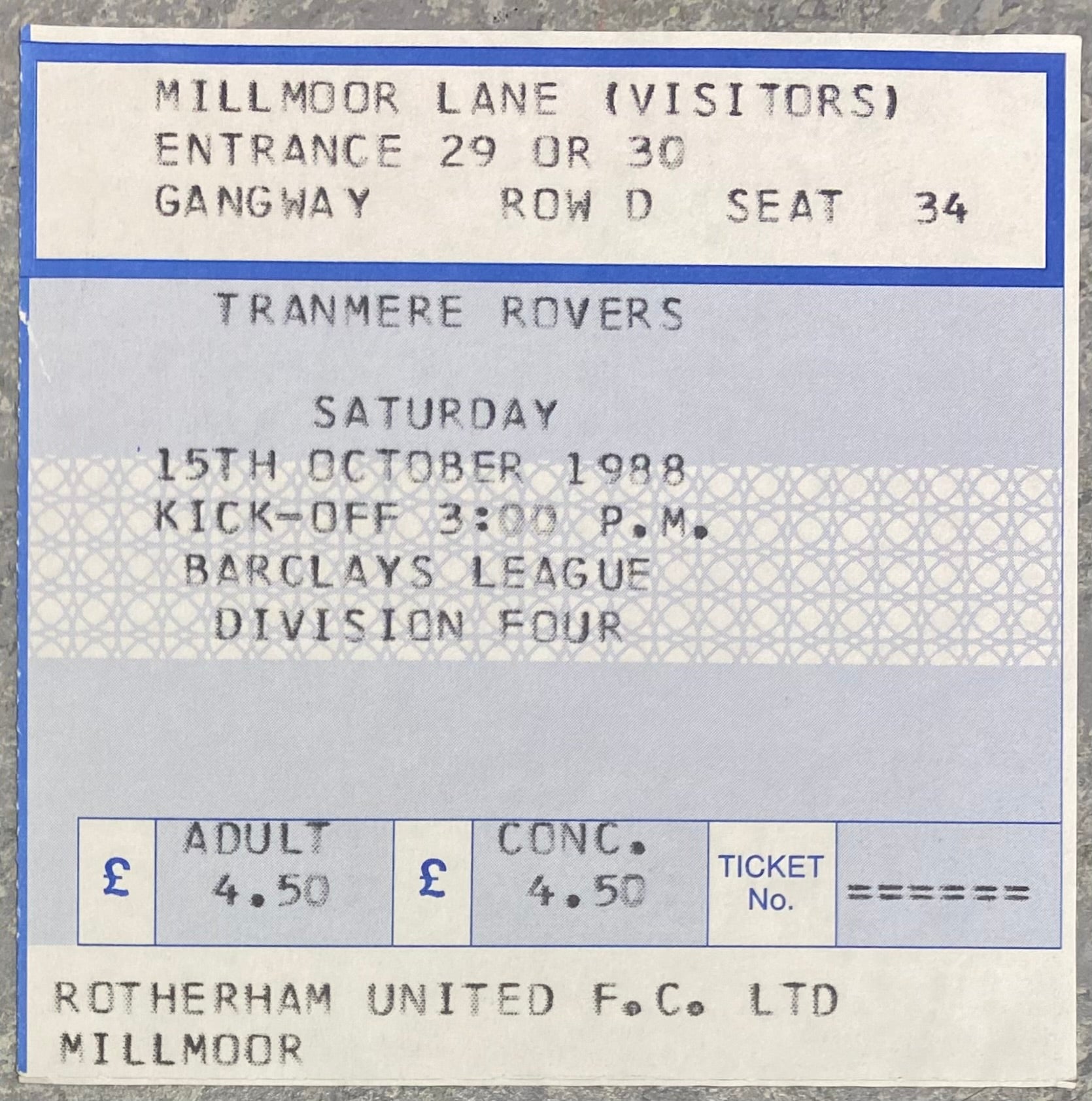1988/89 ORIGINAL DIVISION FOUR TICKET ROTHERHAM UNITED V TRANMERE ROVERS
