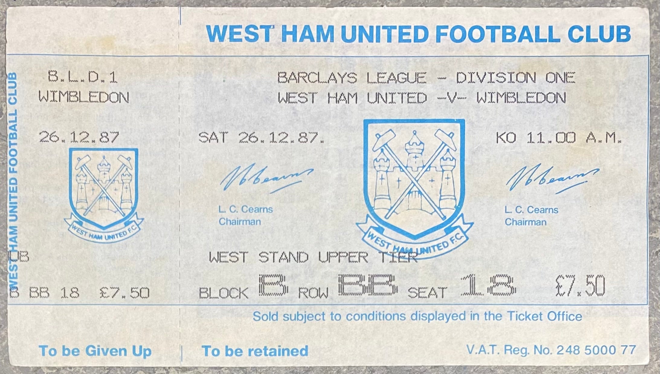 1987/88 ORIGINAL DIVISION ONE UNUSED TICKET WEST HAM UNITED V WIMBLEDON