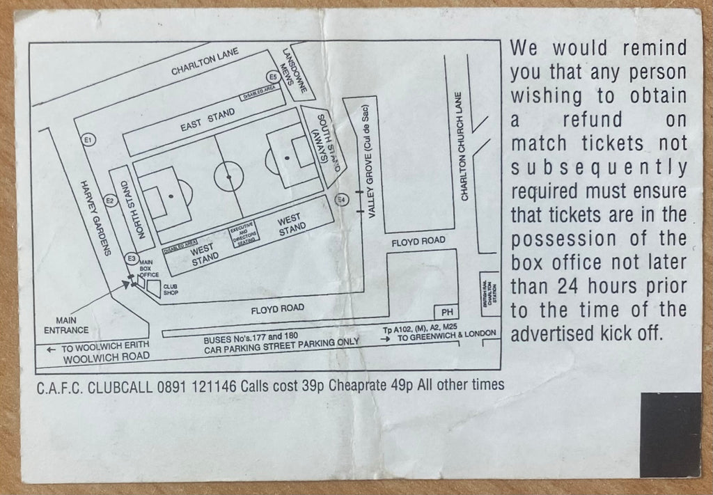 1994/95 ORIGINAL DIVISION 1 TICKET CHARLTON ATHLETIC V SOUTHEND UNITED