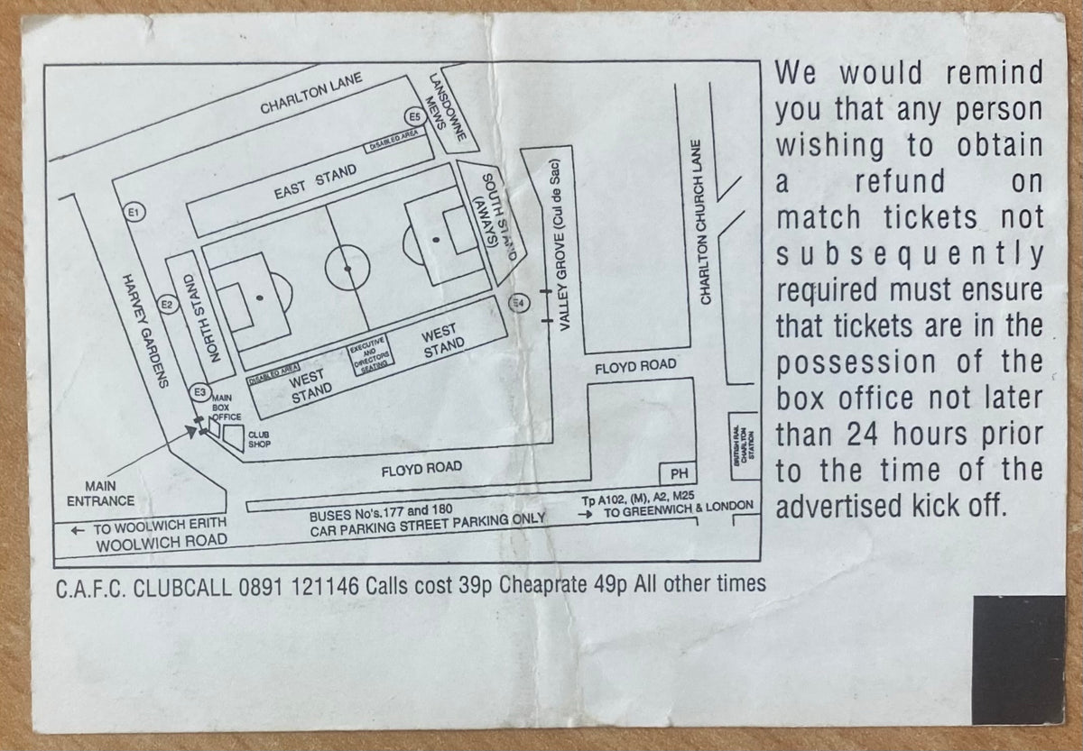 1994/95 ORIGINAL DIVISION 1 TICKET CHARLTON ATHLETIC V SOUTHEND UNITED