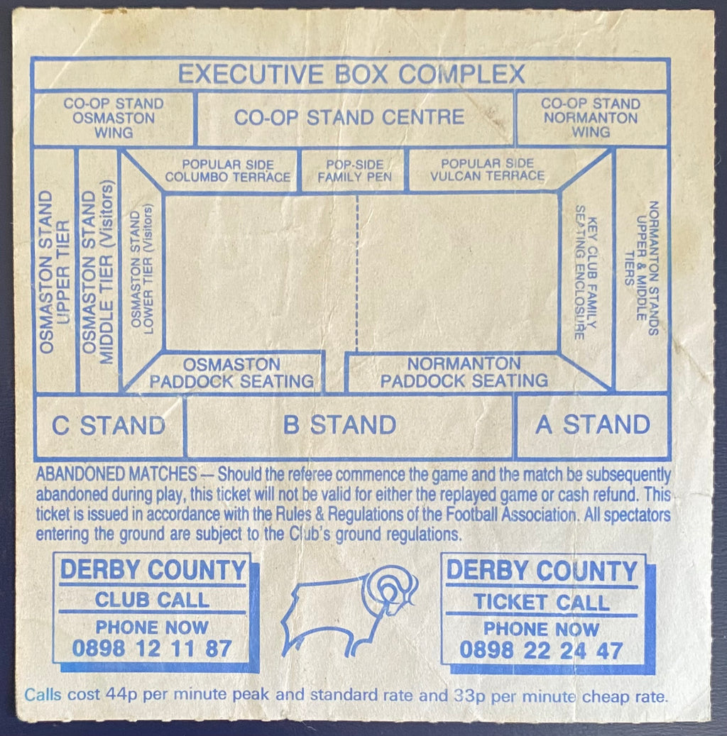 1990/91 ORIGINAL DIVISION 1 TICKET DERBY COUNTY V EVERTON