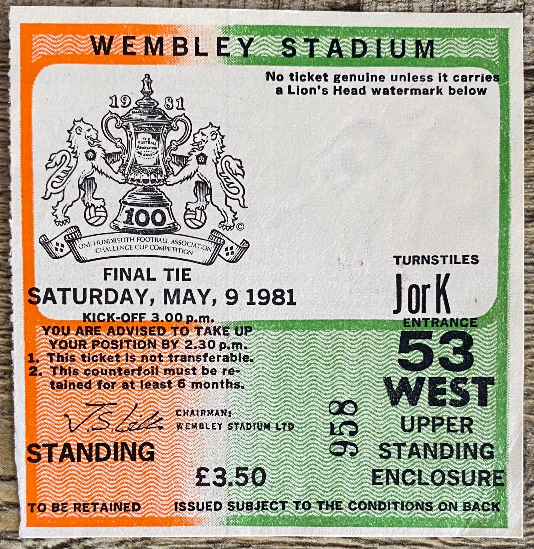 1981 ORIGINAL FA CUP FINAL TICKET TOTTENHAM HOTSPUR V MANCHESTER CITY
