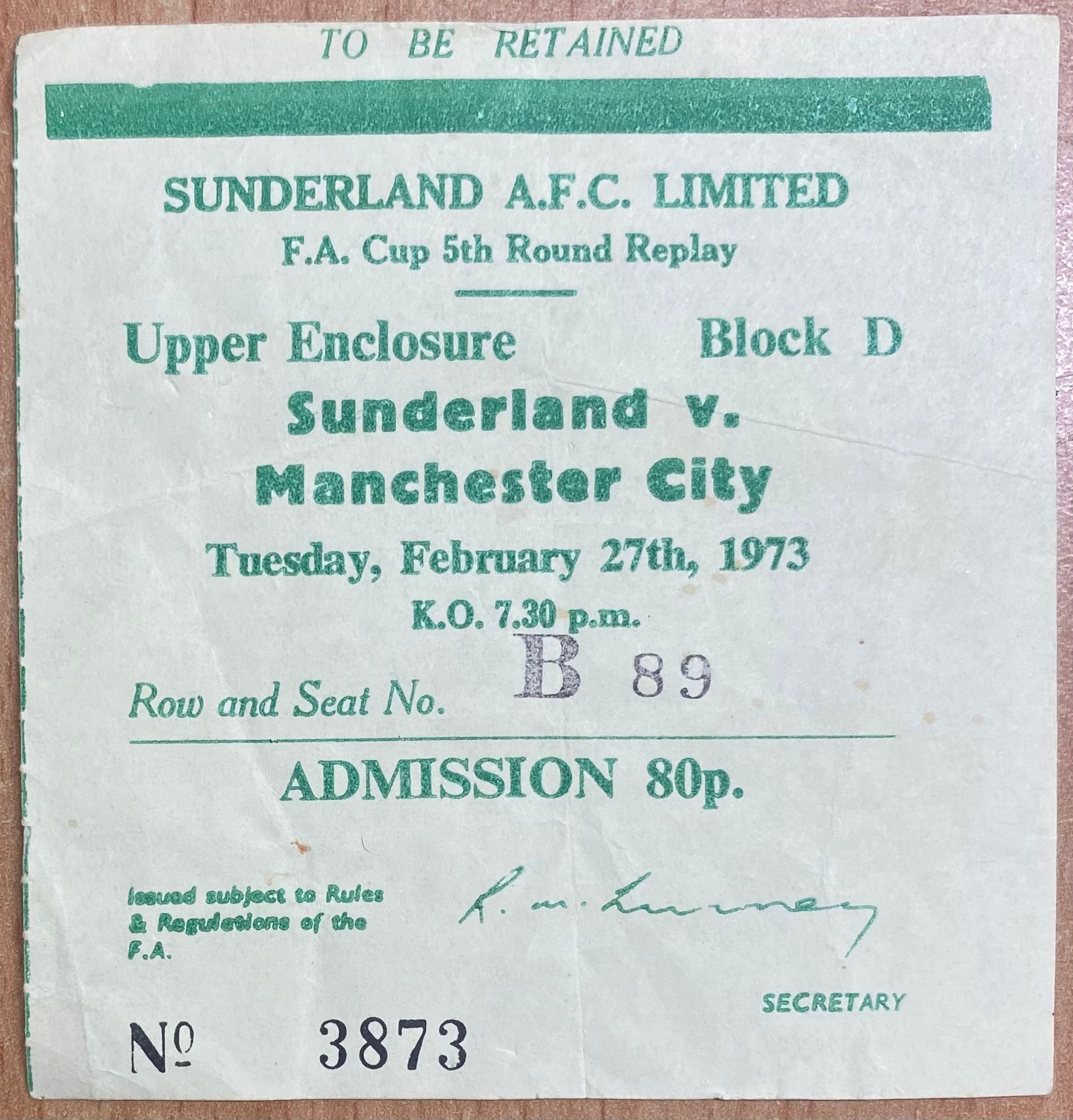 1972/73 ORIGINAL FA CUP 5TH ROUND REPLAY TICKET SUNDERLAND V MANCHESTER CITY