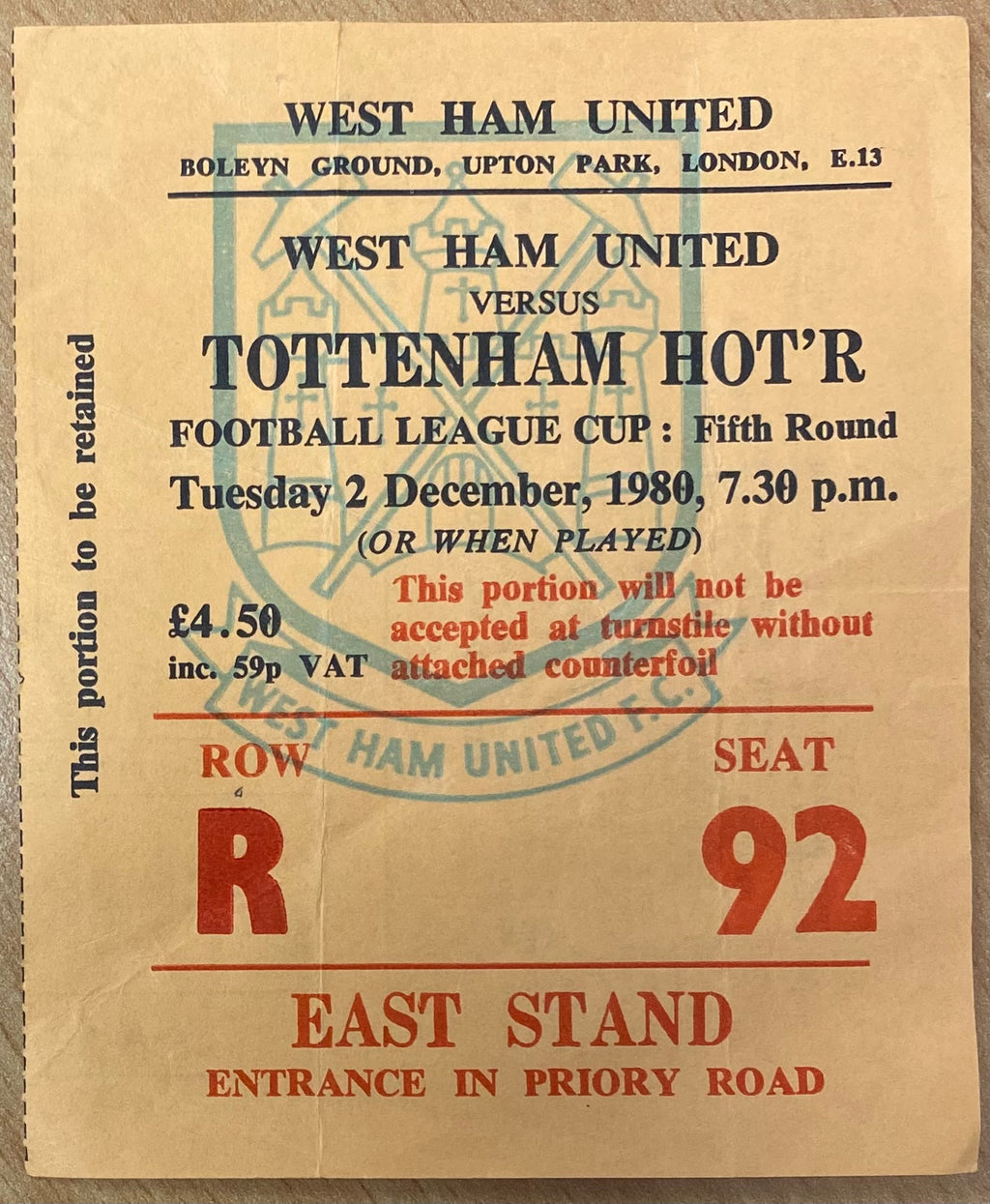 1980/81 ORIGINAL LEAGUE CUP 5TH ROUND TICKET WEST HAM UNITED V TOTTENHAM HOTSPUR