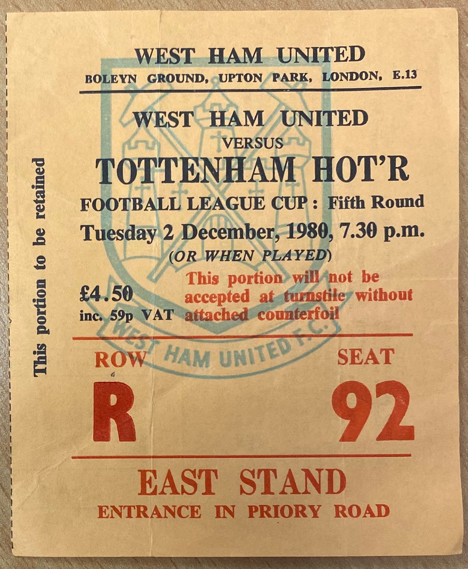 1980/81 ORIGINAL LEAGUE CUP 5TH ROUND TICKET WEST HAM UNITED V TOTTENHAM HOTSPUR