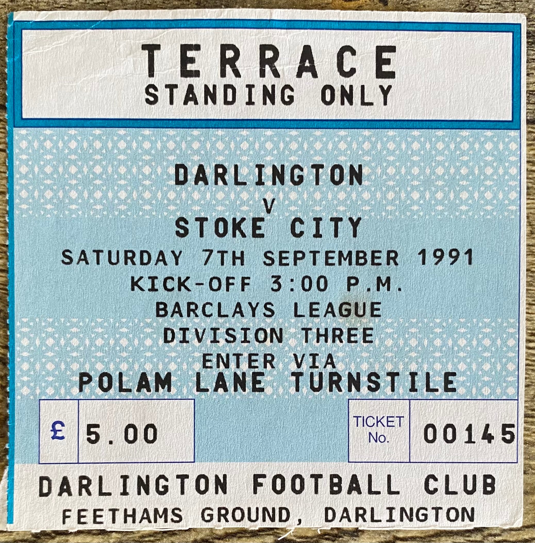 1991/92 ORIGINAL DIVISION 3 TICKET DARLINGTON V STOKE CITY