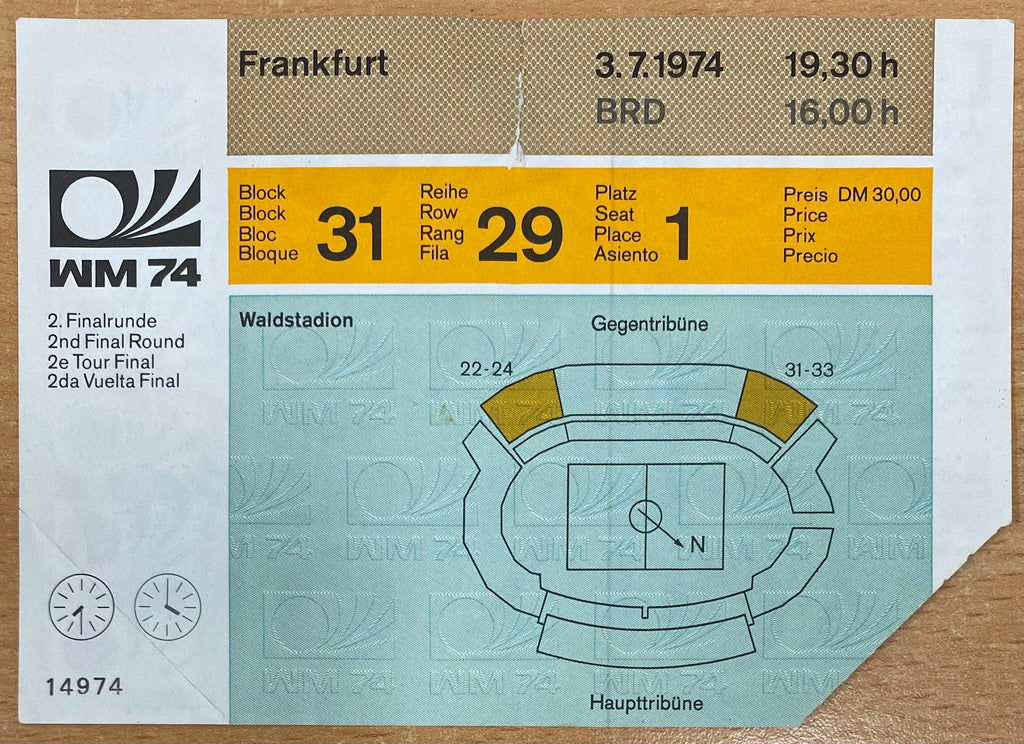 1974 ORIGINAL WORLD CUP 2ND ROUND TICKET WEST GERMANY V POLAND @ FRANKFURT