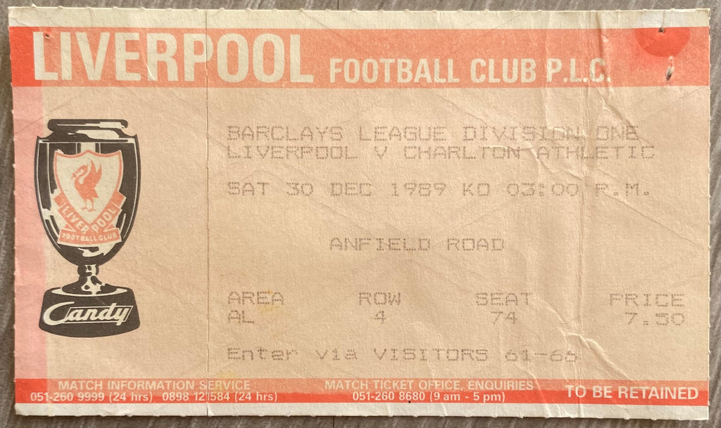1989/90 ORIGINAL DIVISION ONE TICKET LIVERPOOL V CHARLTON ATHLETIC