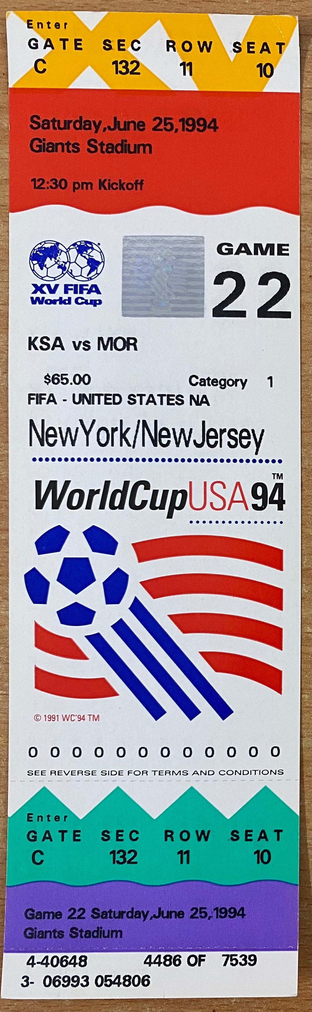 1994 ORIGINAL WORLD CUP UNUSED TICKET SAUDI ARABIA V MOROCCO @ NEW YORK