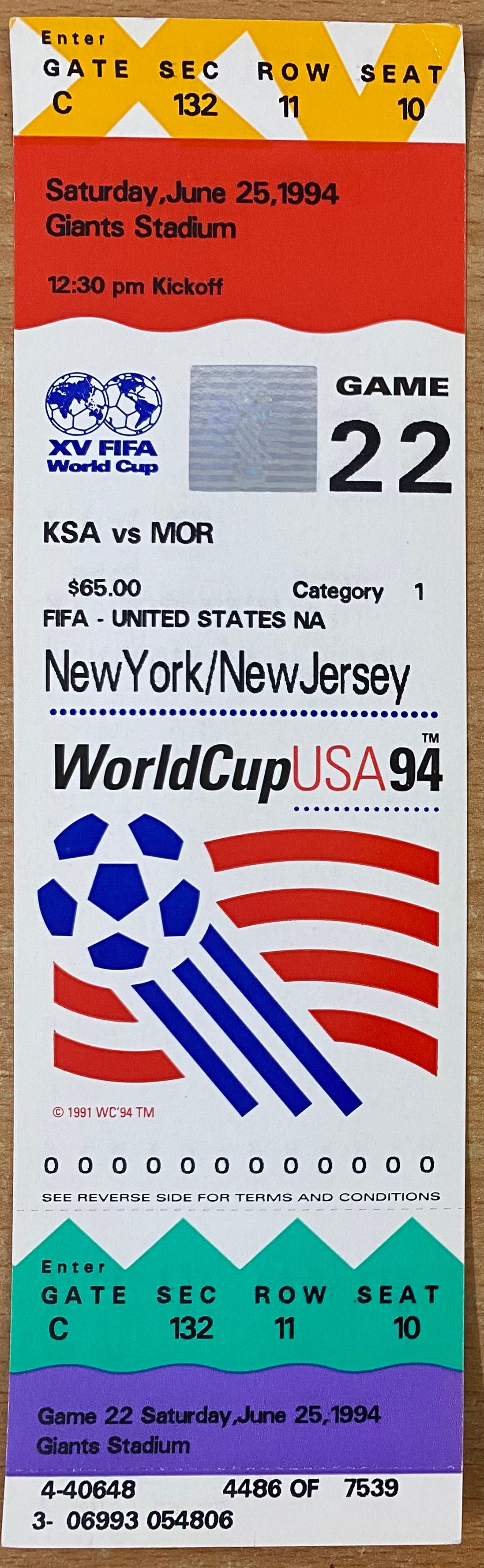 1994 ORIGINAL WORLD CUP UNUSED TICKET SAUDI ARABIA V MOROCCO @ NEW YORK
