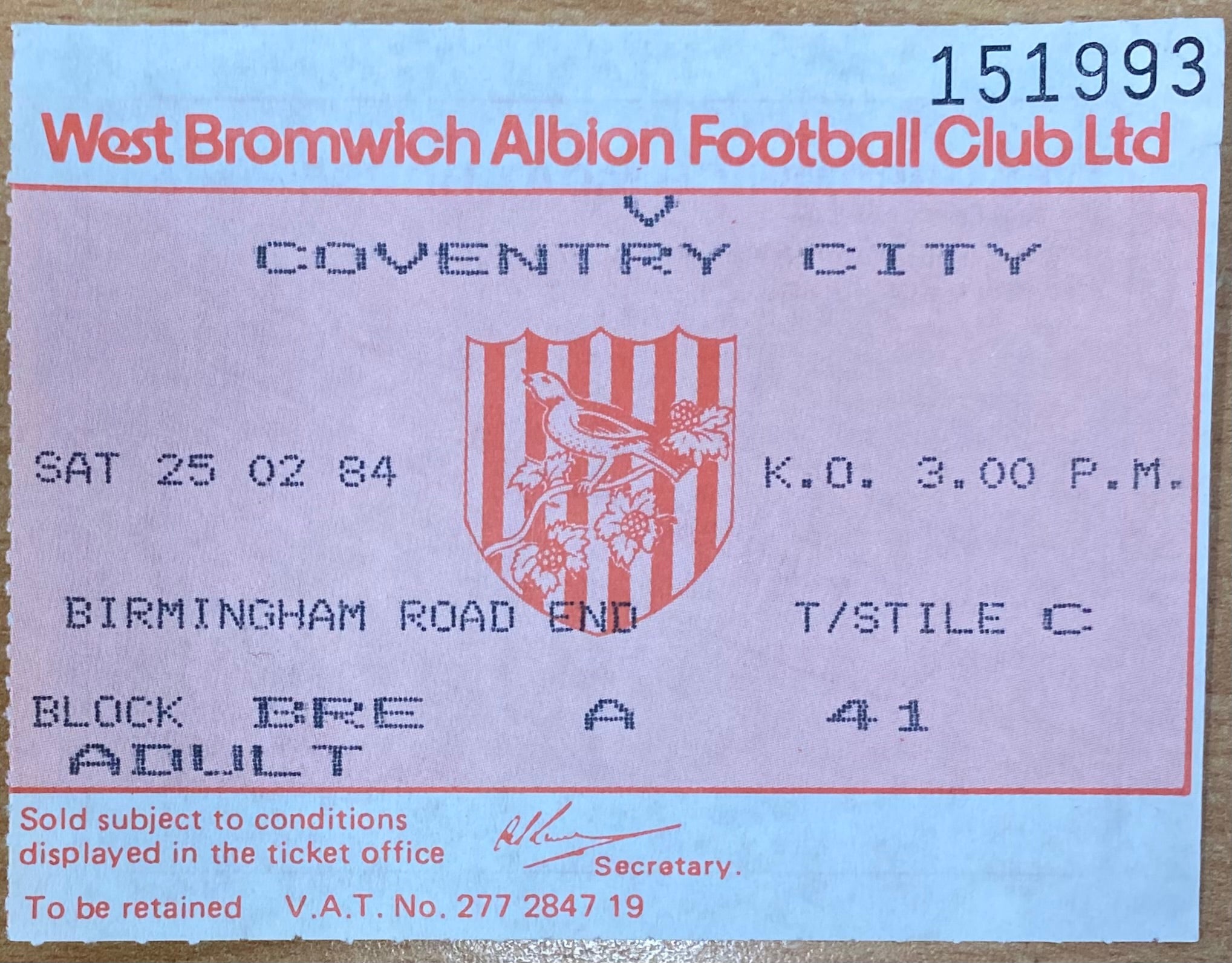 1983/84 ORIGINAL DIVISION 1 TICKET WEST BROMWICH ALBION V COVENTRY CITY