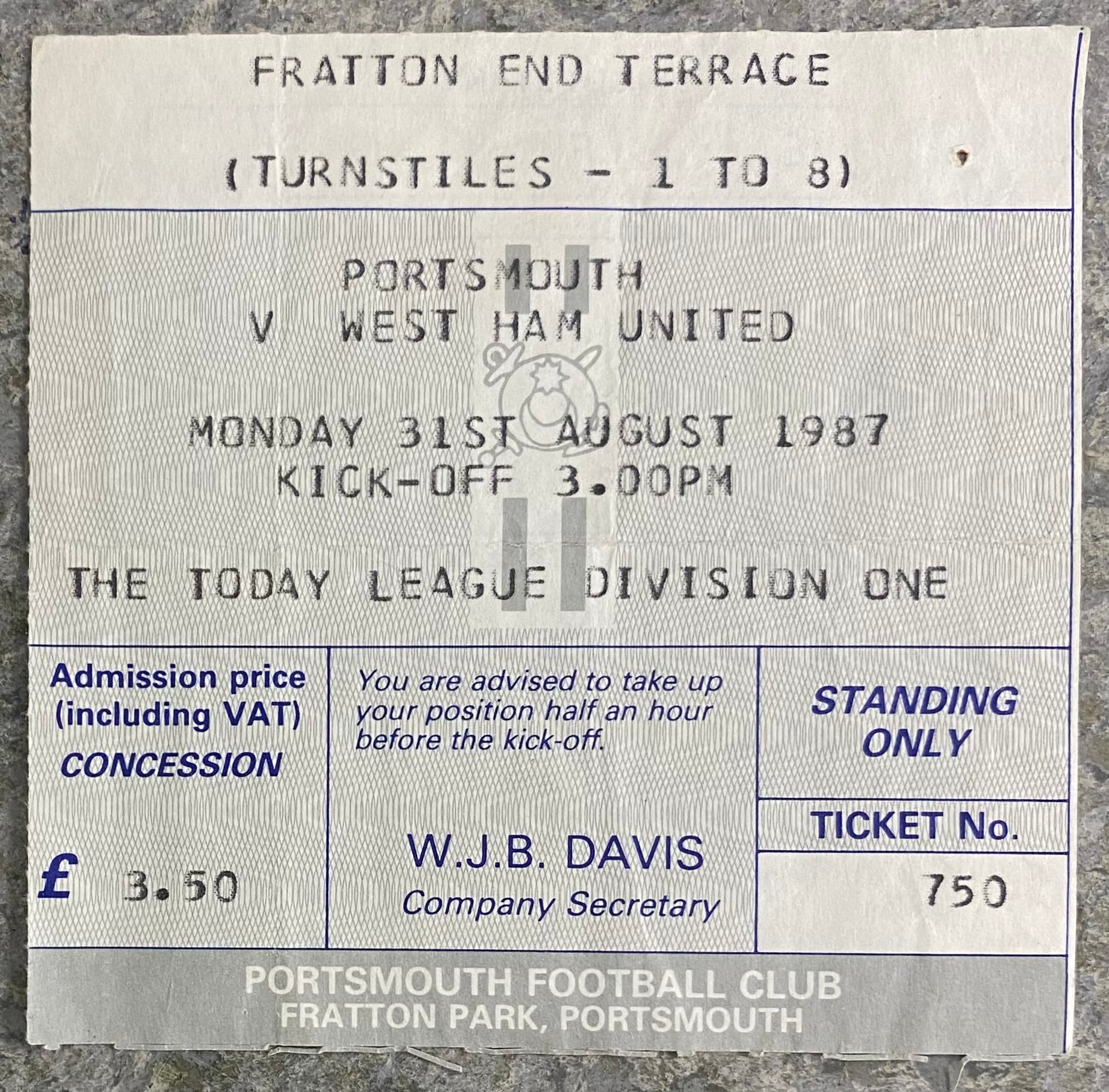1987/88 ORIGINAL DIVISION 1 TICKET PORTSMOUTH V WEST HAM UNITED