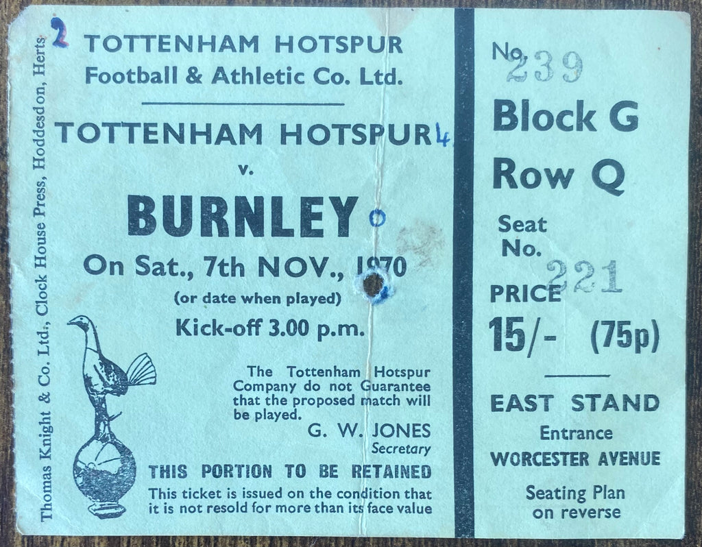 1970/71 ORIGINAL DIVISION ONE TICKET TOTTENHAM HOTSPUR V BURNLEY