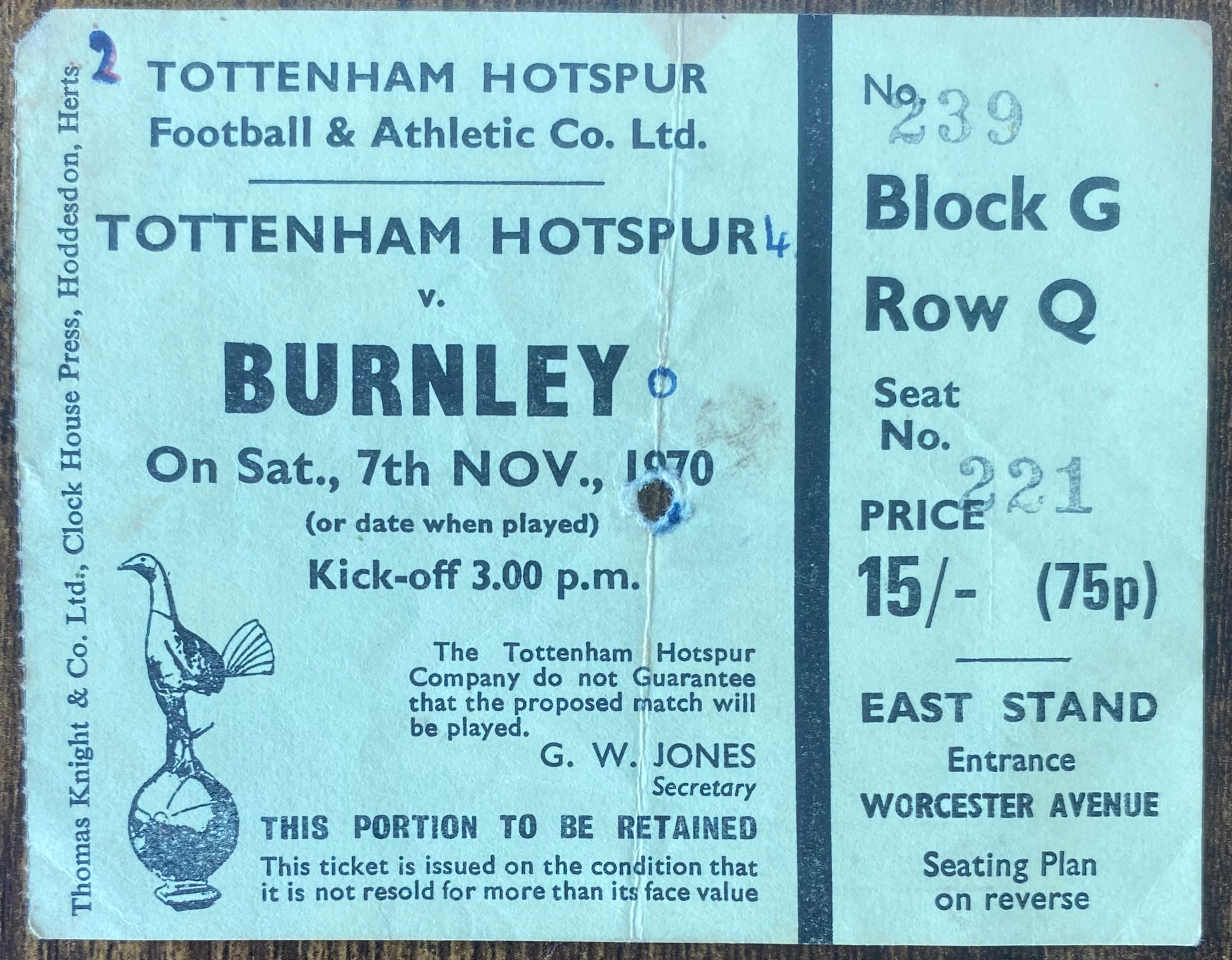 1970/71 ORIGINAL DIVISION ONE TICKET TOTTENHAM HOTSPUR V BURNLEY