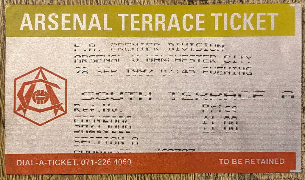 1992/93  ORIGINAL PREMIER LEAGUE TICKET ARSENAL V MANCHESTER CITY